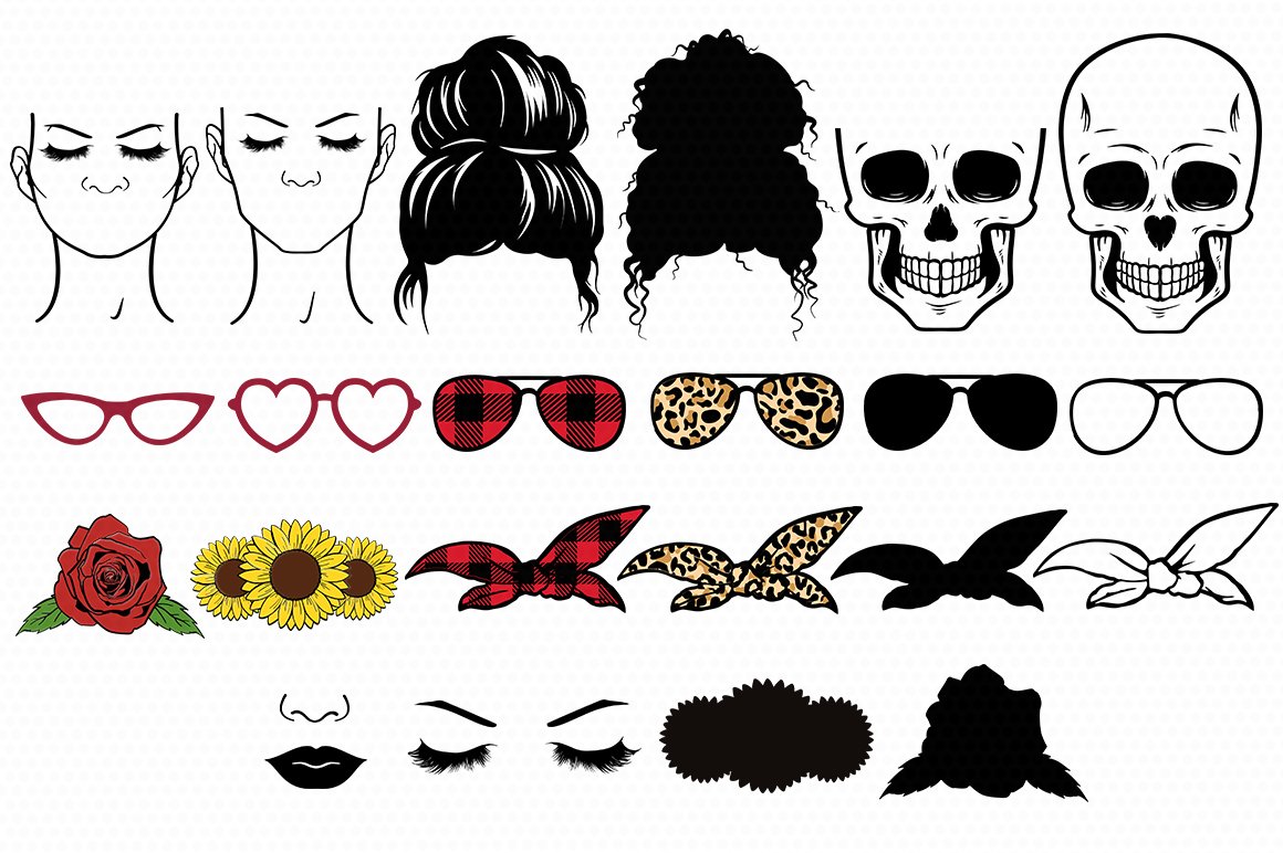 Messy Bun Bandana Mom Life svg, Messy Bun mom skull svg (1259935) | Cut