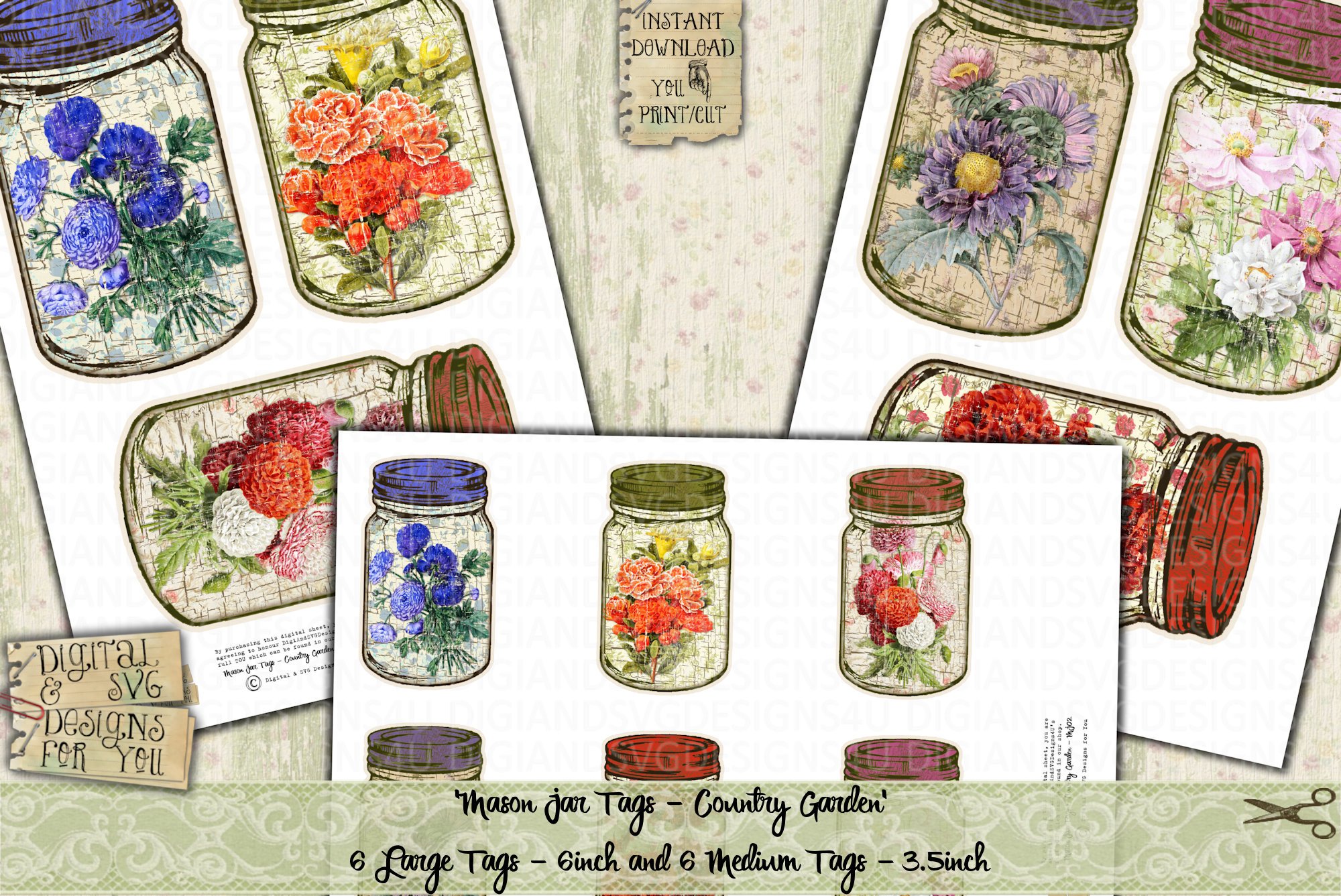 Printable Mason Jars | Country | Shabby Chic | Flowers | MJ2, image size:2000x1337