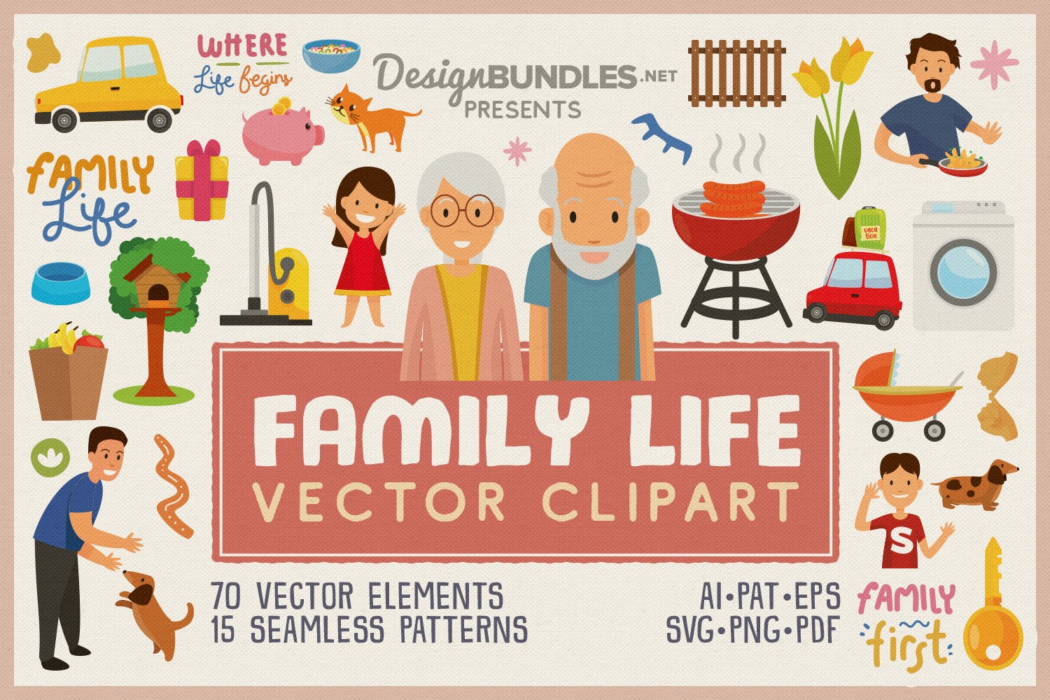 Family Life Vector Clipart and Seamless Pattern