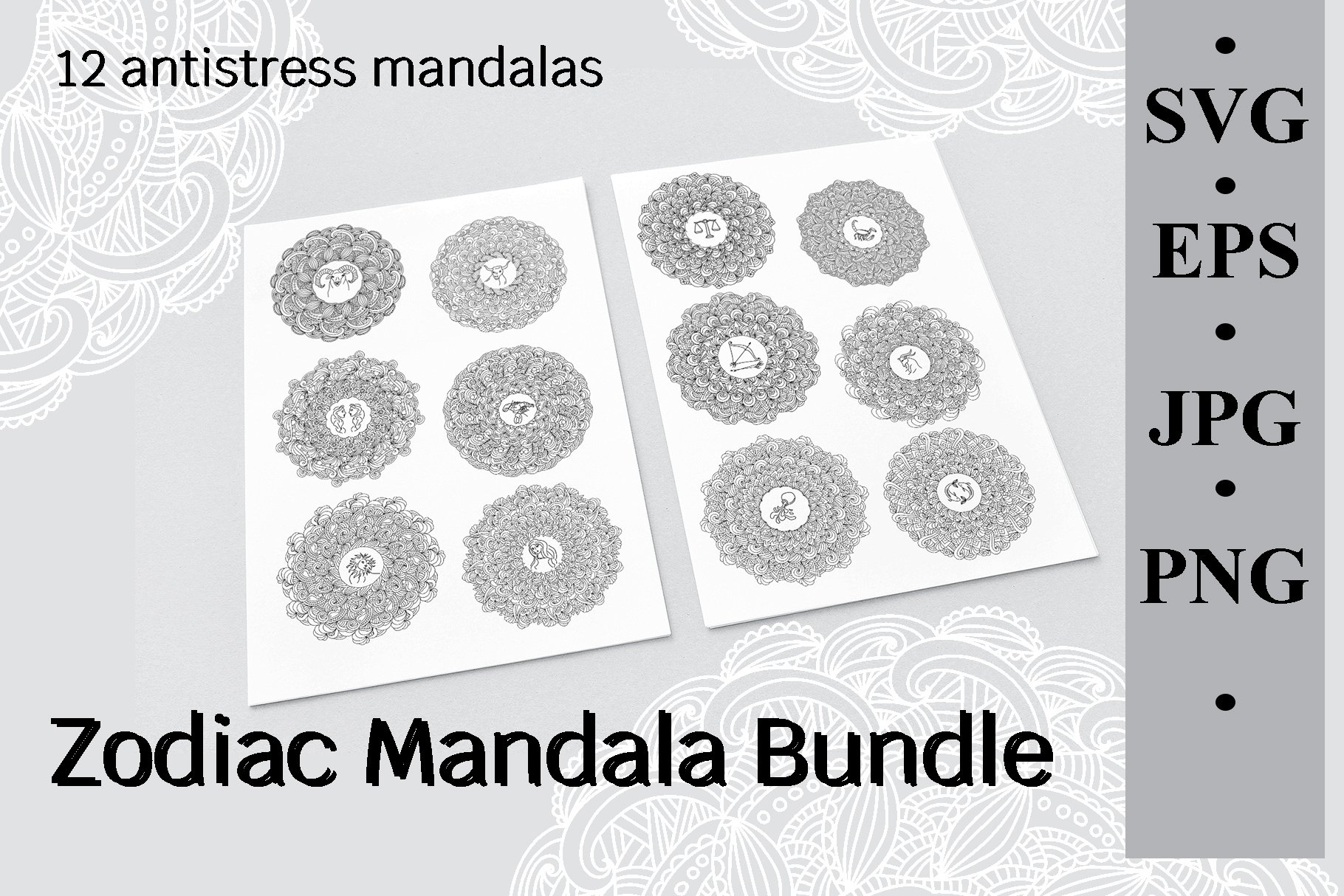 Zodiac Mandala Bundle, Set of 12 outline mandalas (1044564 ...