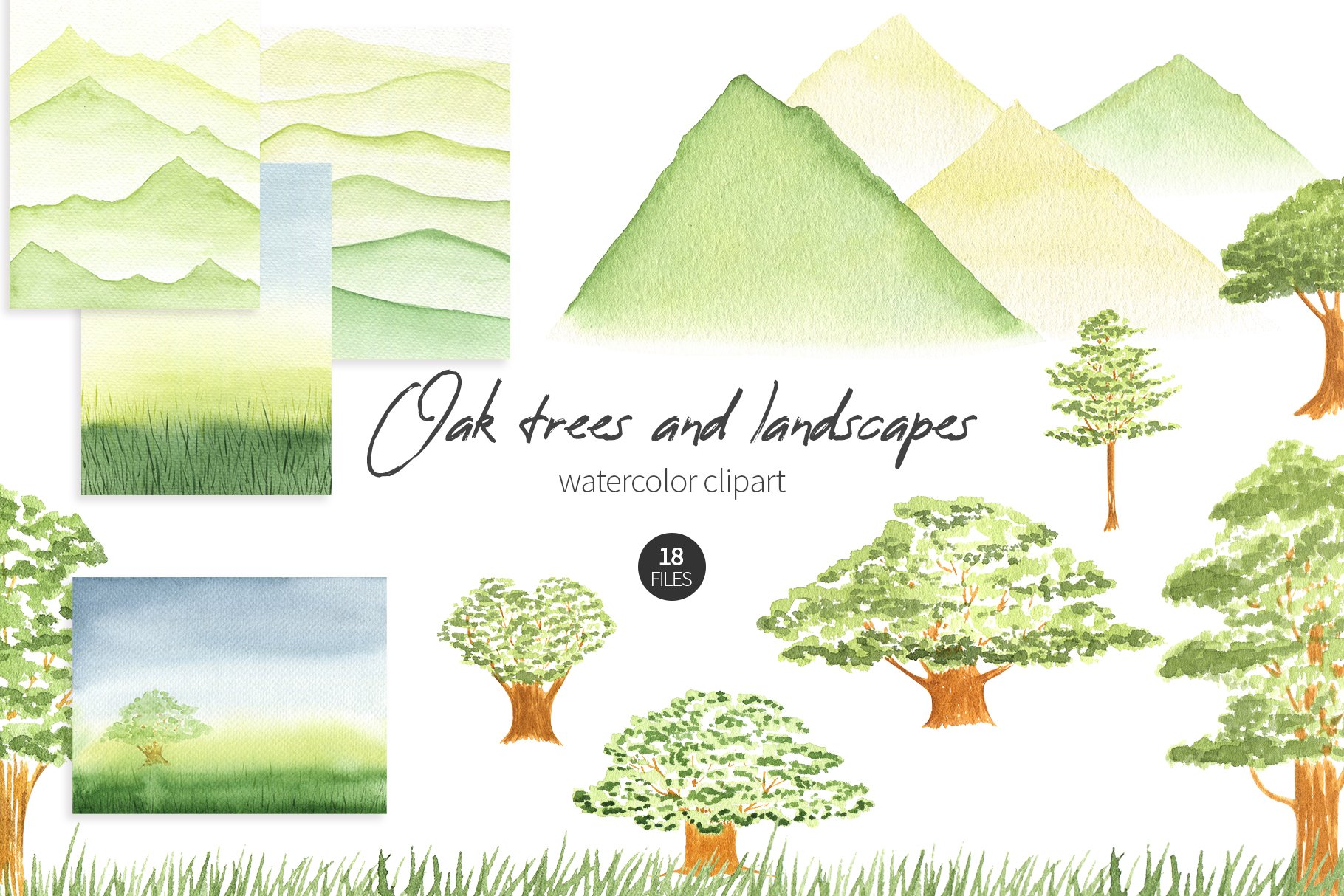 Watercolor Landscape Clipart And Oak Tree Clipart Illustrations Design Bundles