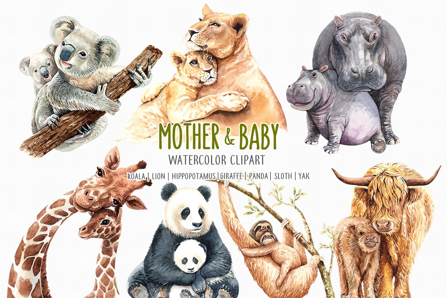 Watercolor Mom and Baby Animals (419498)