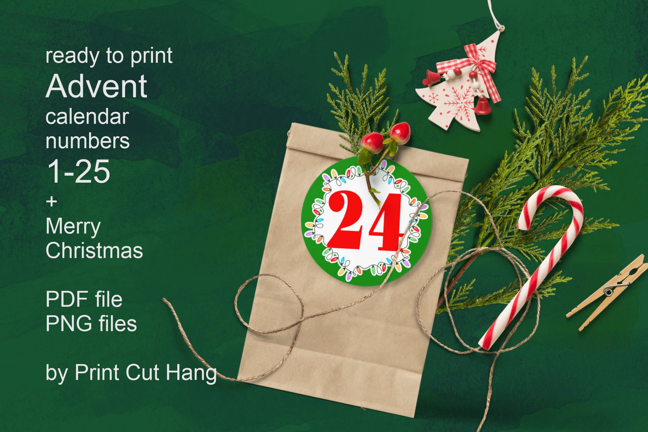 Printable Advent Calendar Green with Light Bulbs PDF file