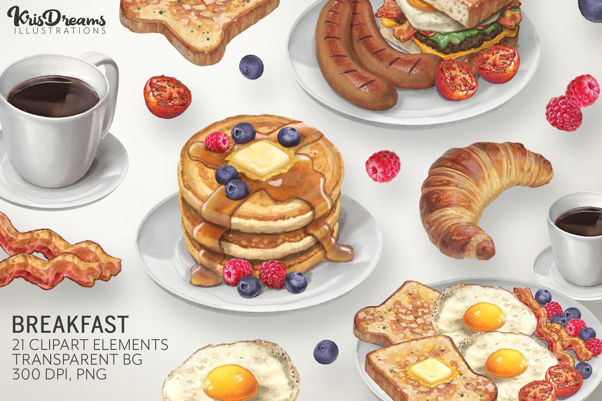 breakfast Watercolor clipart commercial use food valentines day breakfast