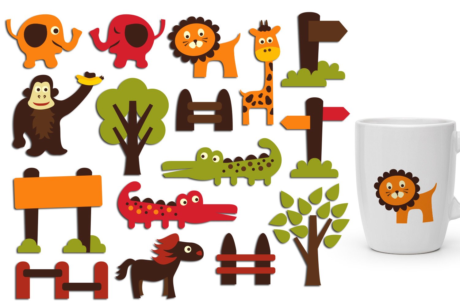 Retro zoo animals clip art graphic illustration (88375) Illustrations