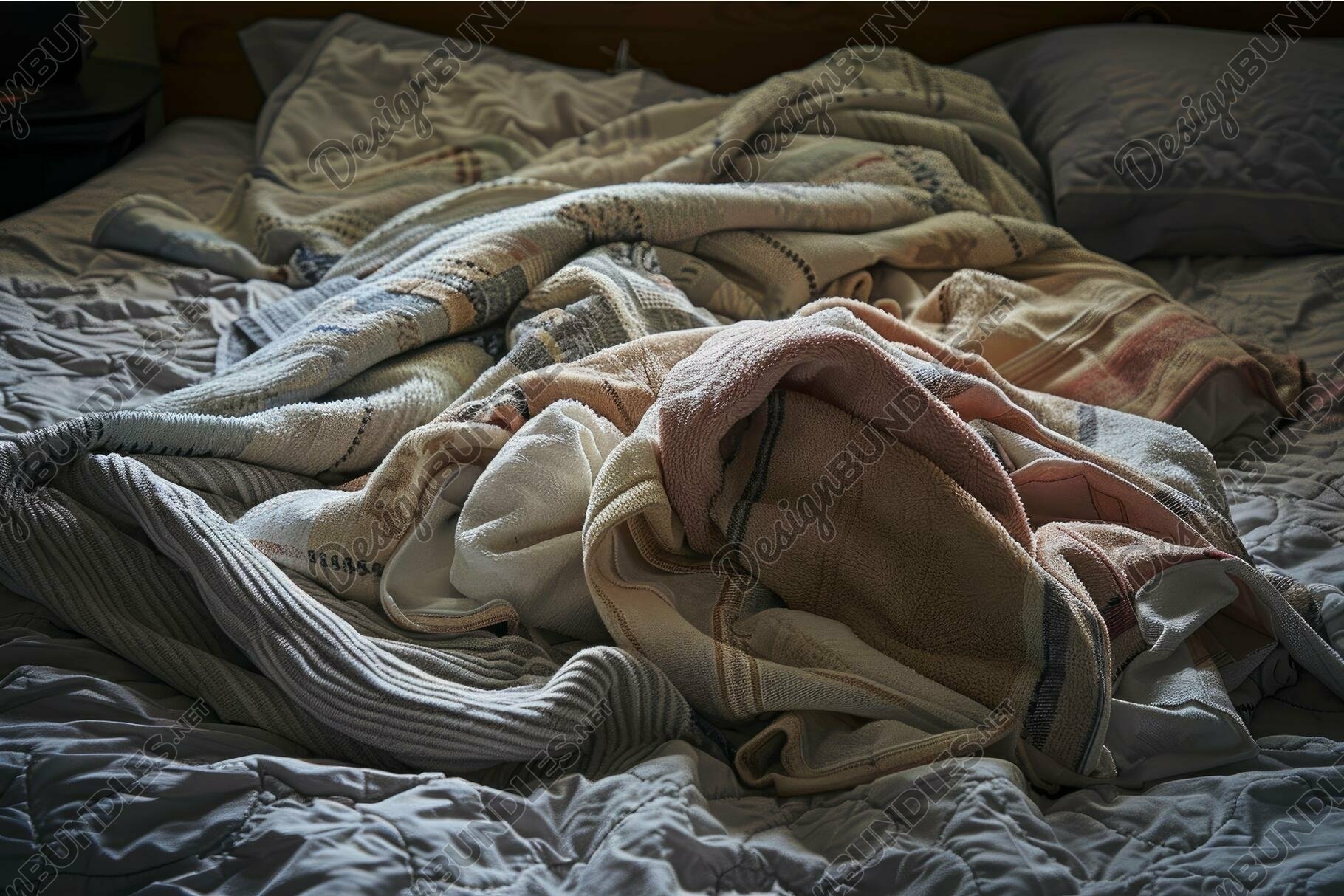 Unmade bed with crumpled blankets and sheets, image size:1820x1214