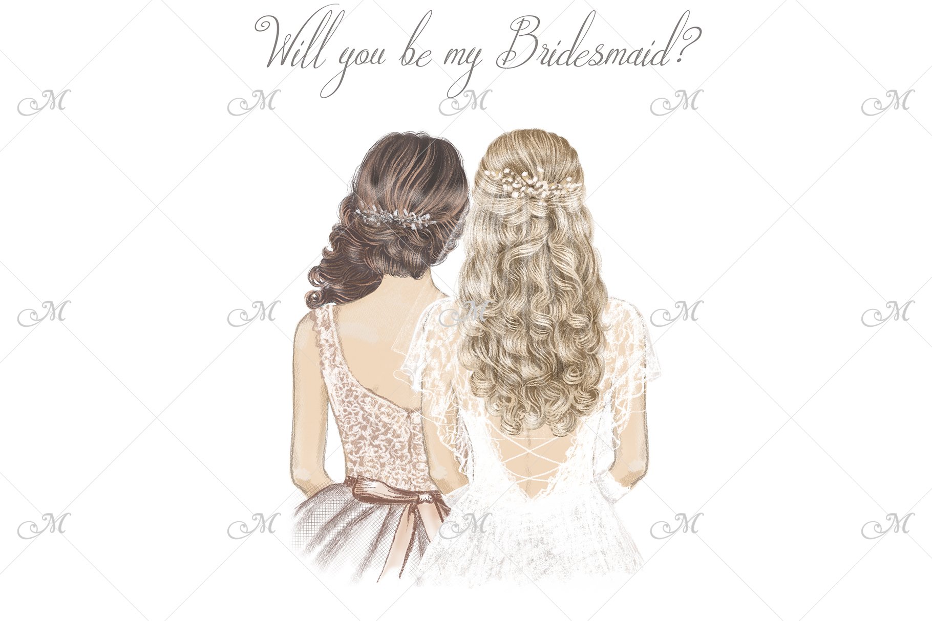 Bride and Bridesmaid with curly hair, hand drawn (854875 ...