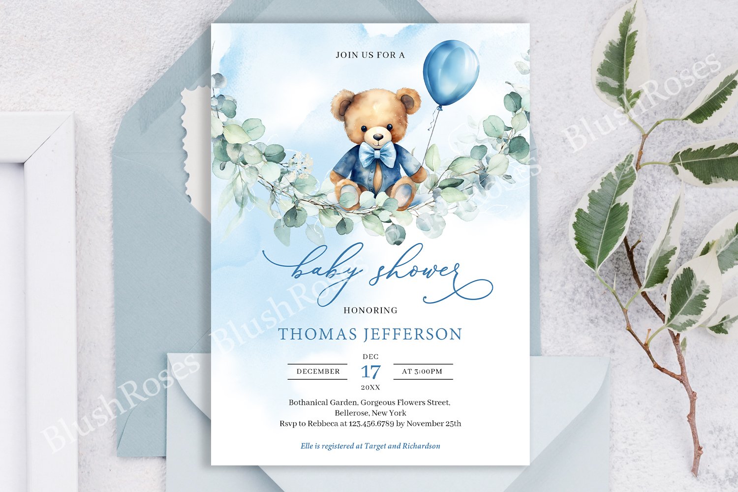 Teddy bear on eucalyptus swing boy Baby Shower invite ZB28