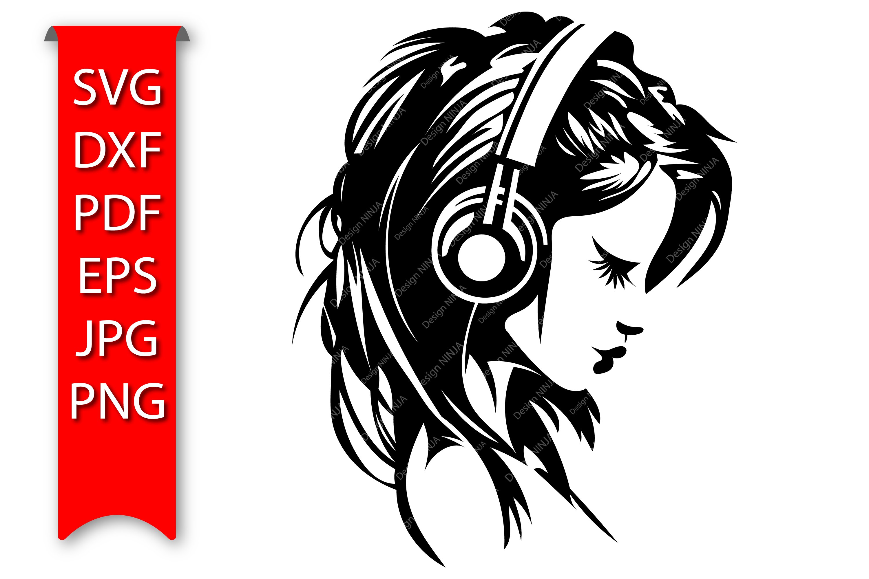 Beautiful Woman With Headphones, Music girl SVG AI Dxf PNG