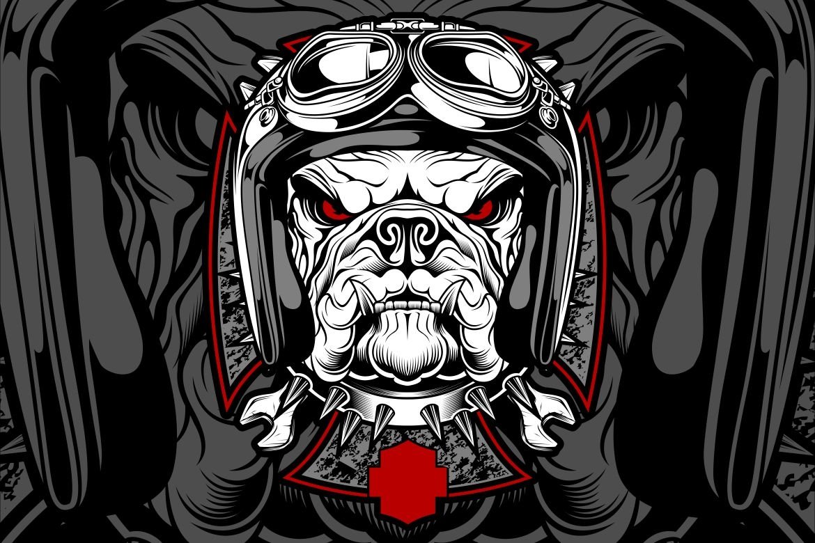 Dog, bulldog wearing a motorcycle, (648986) Illustrations Design