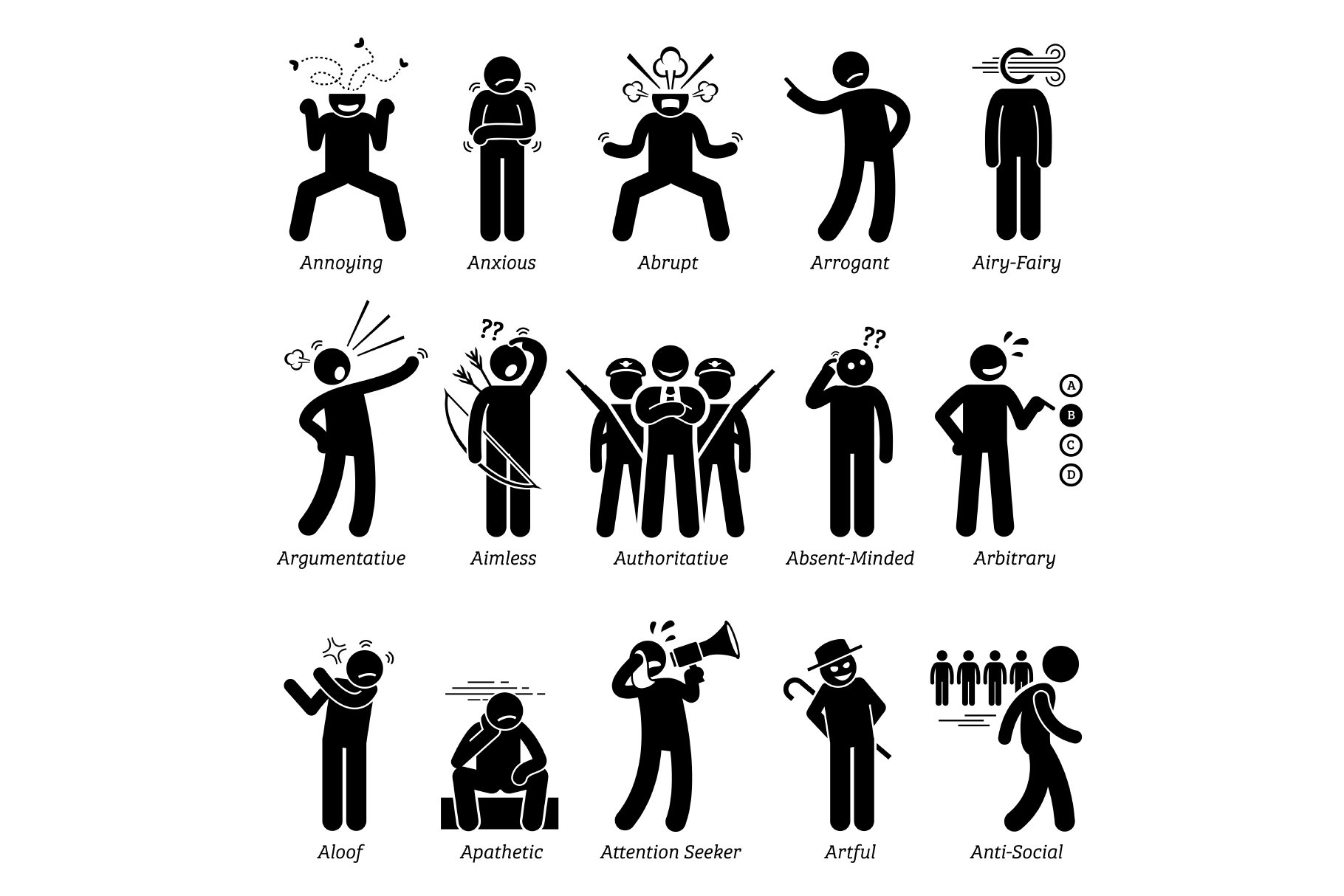 Negative Bad Personalities Character Traits Stick Figures