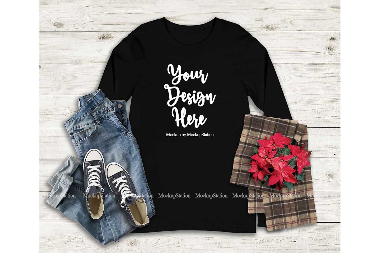 Download Bella Canvas 3501 Black Christmas Long Sleeve Shirt Mockup 376710 Clothing Design Bundles