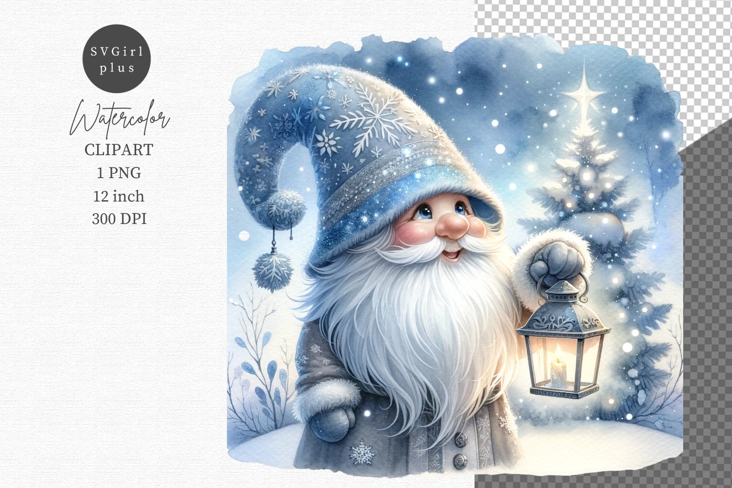 Christmas gnome with glowing lantern, Gnome clipart, Winter, image size:1500x1000