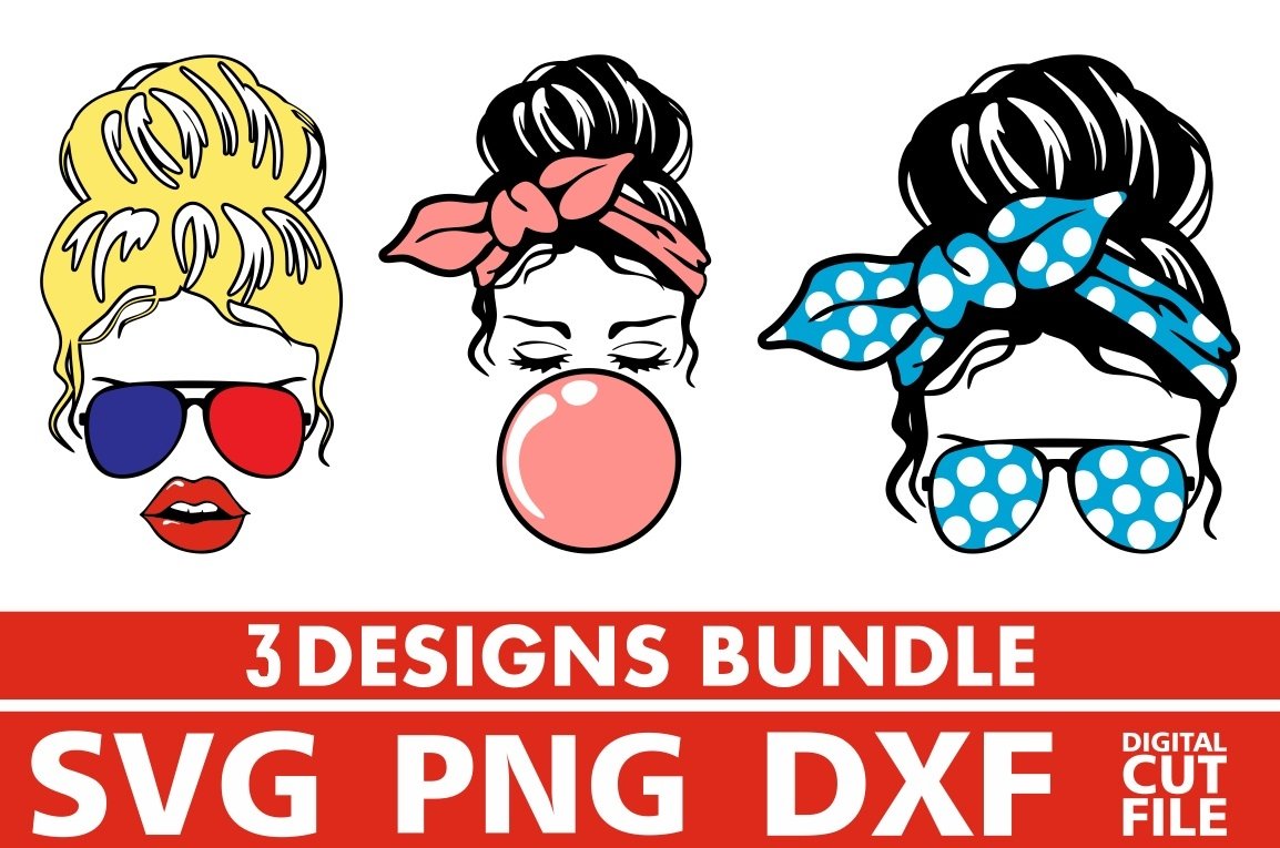 3x Messy Bun Designs Bundle svg, Glasses svg, (903015)