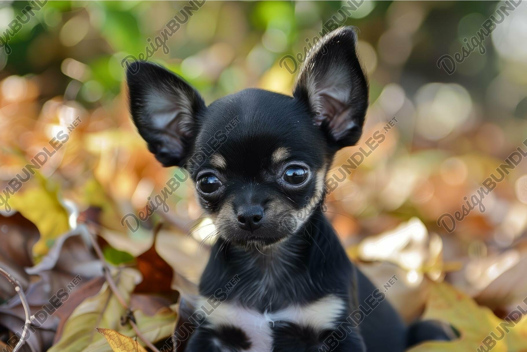 Adorable black chihuahua puppy among autumn leaves
