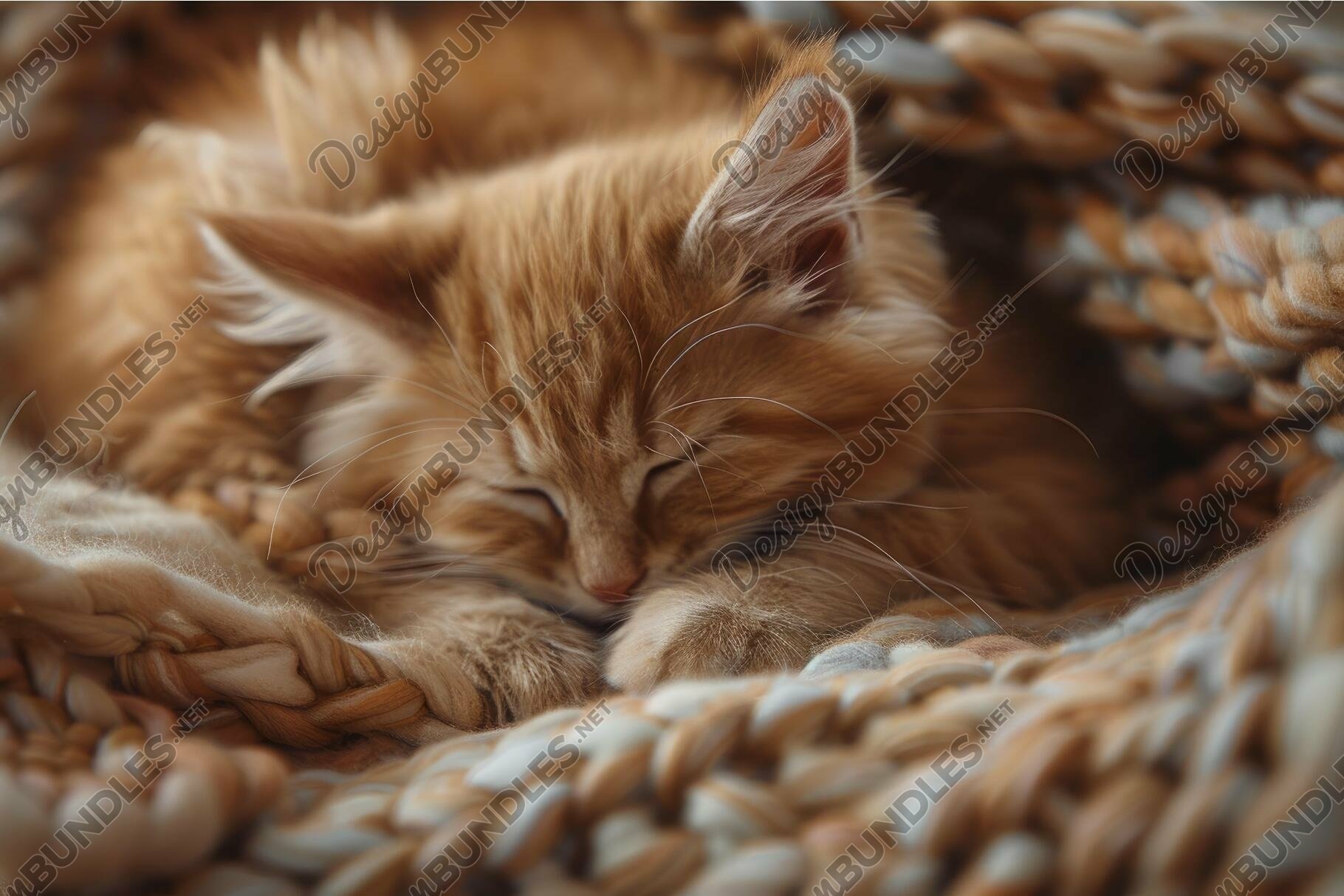 Peaceful ginger kitten asleep in cozy basket