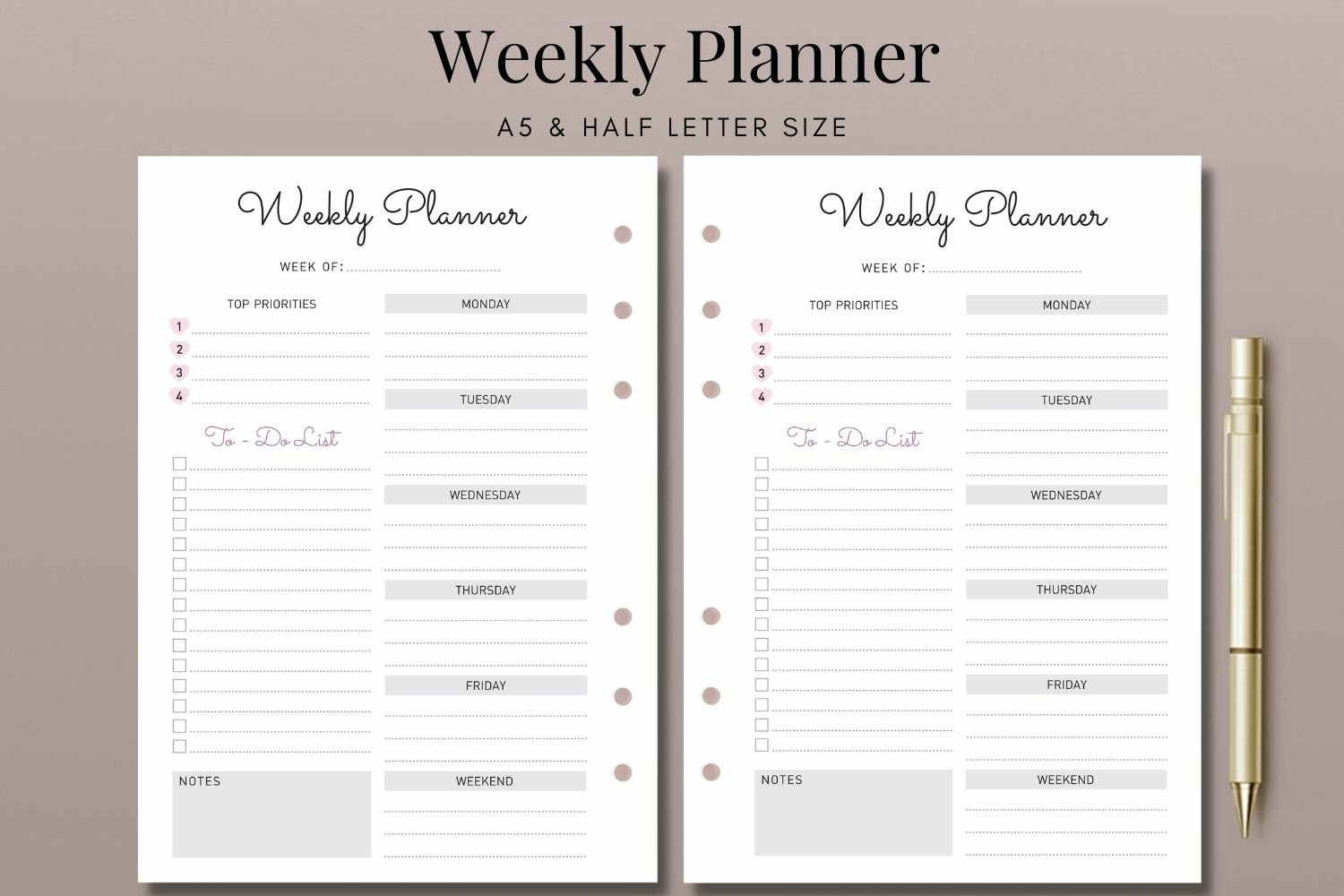 Weekly Planner Printable A5 and Half Letter Size