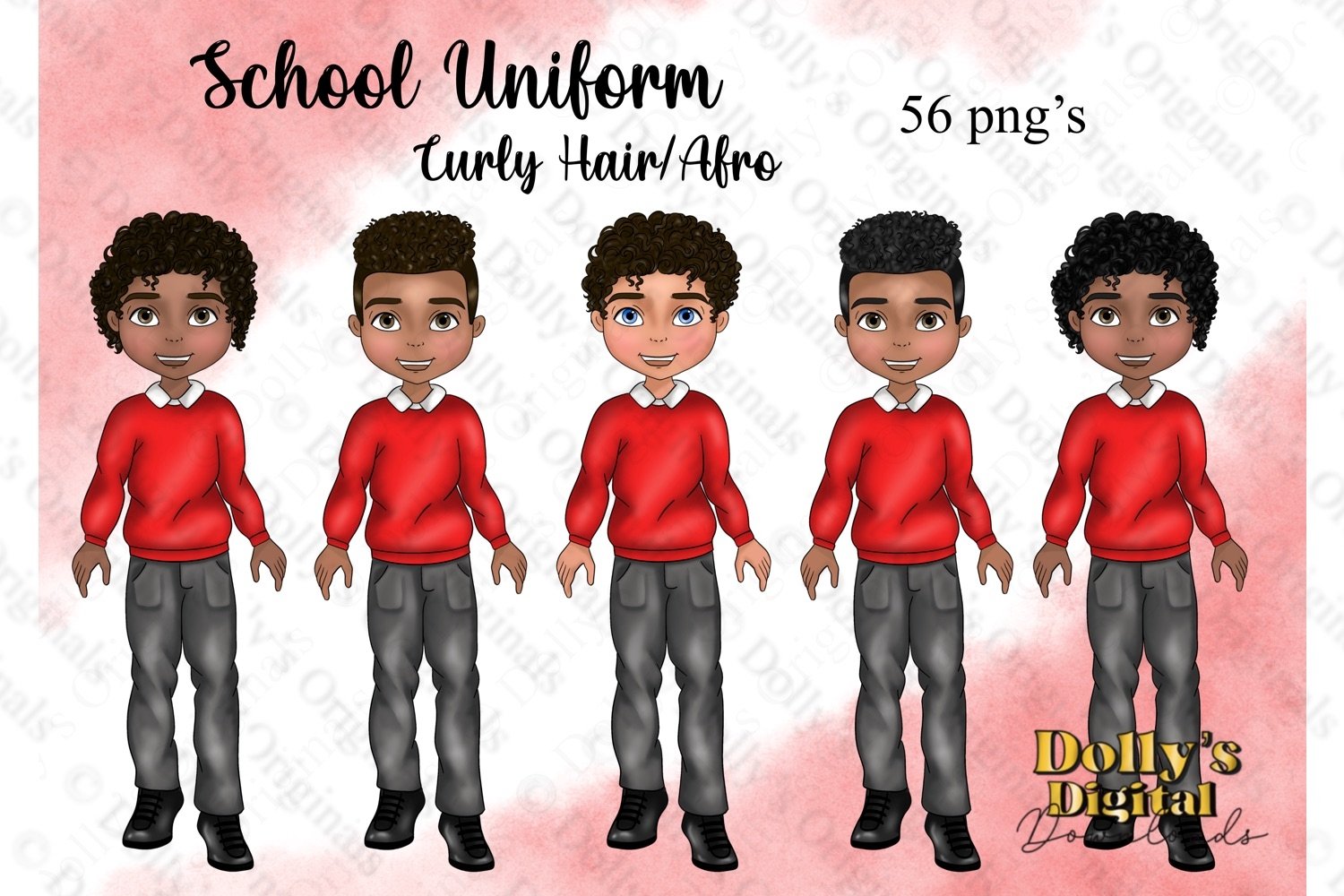 Cute School Boy Curly Afro in Red Uniform PNG Clipart