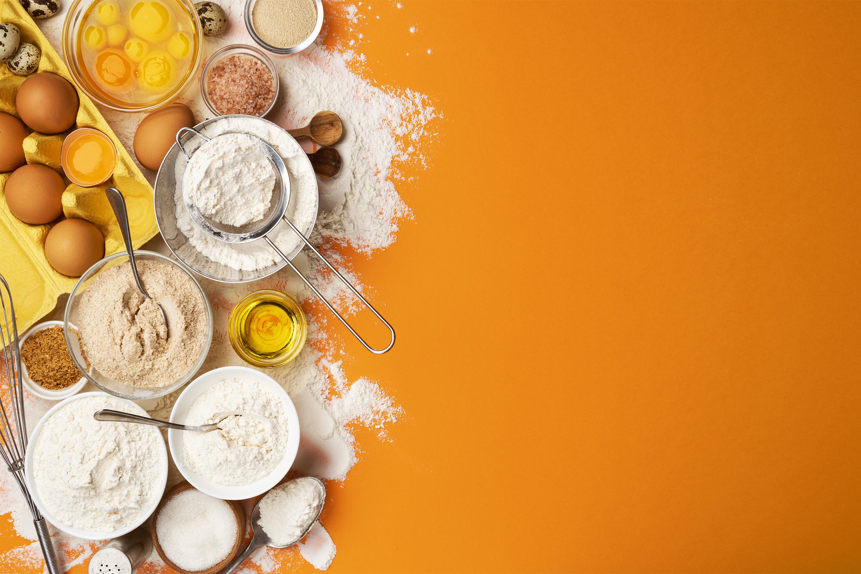Baking ingredients on yellow color background, top view (576430) Food