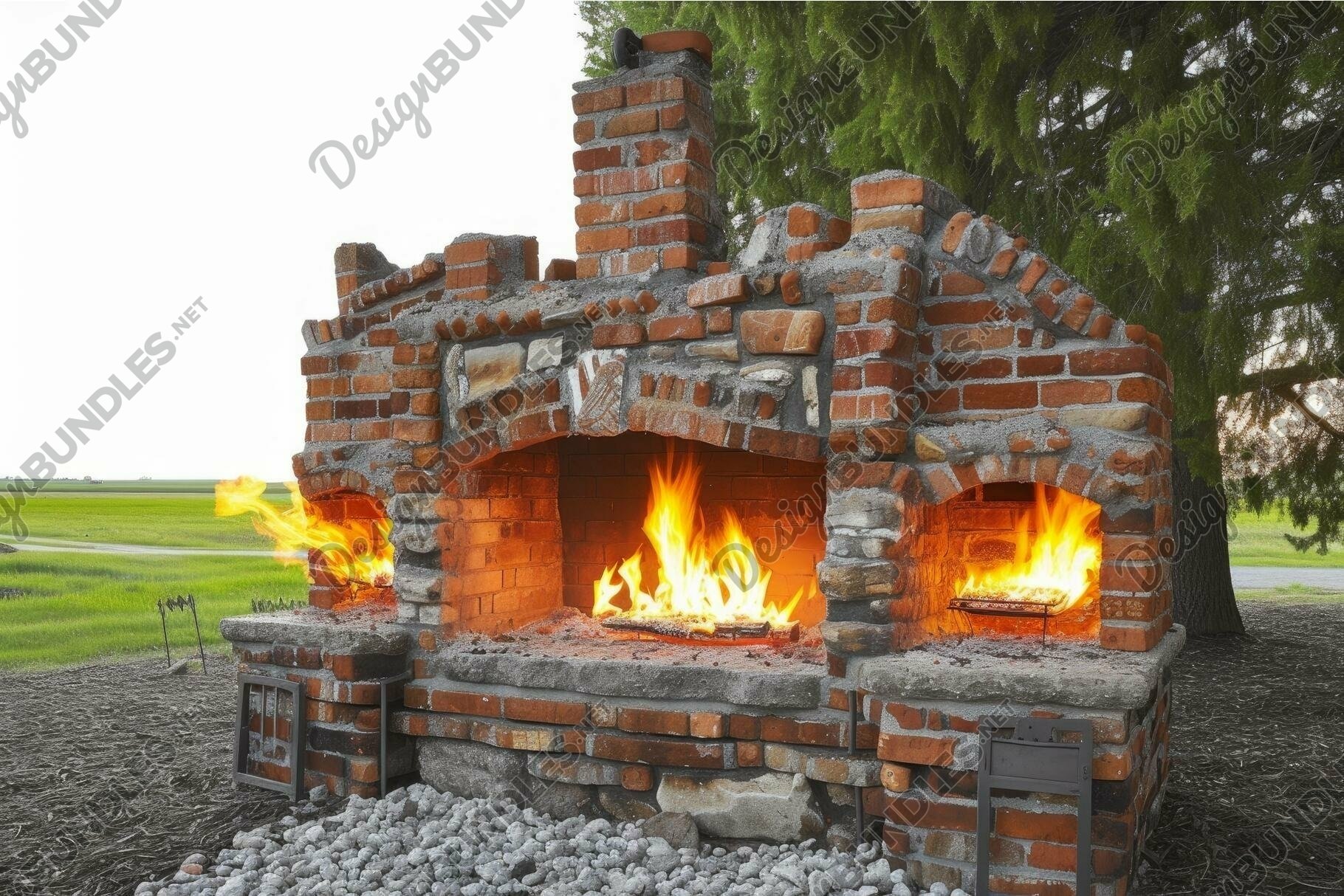 Outdoor brick barbecue with open flames, image size:1820x1214