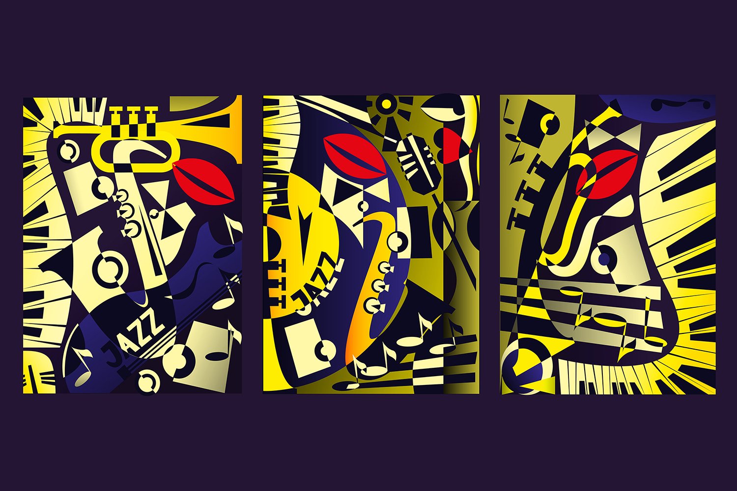Triptych painting - jazz music in retro geometric (6419)