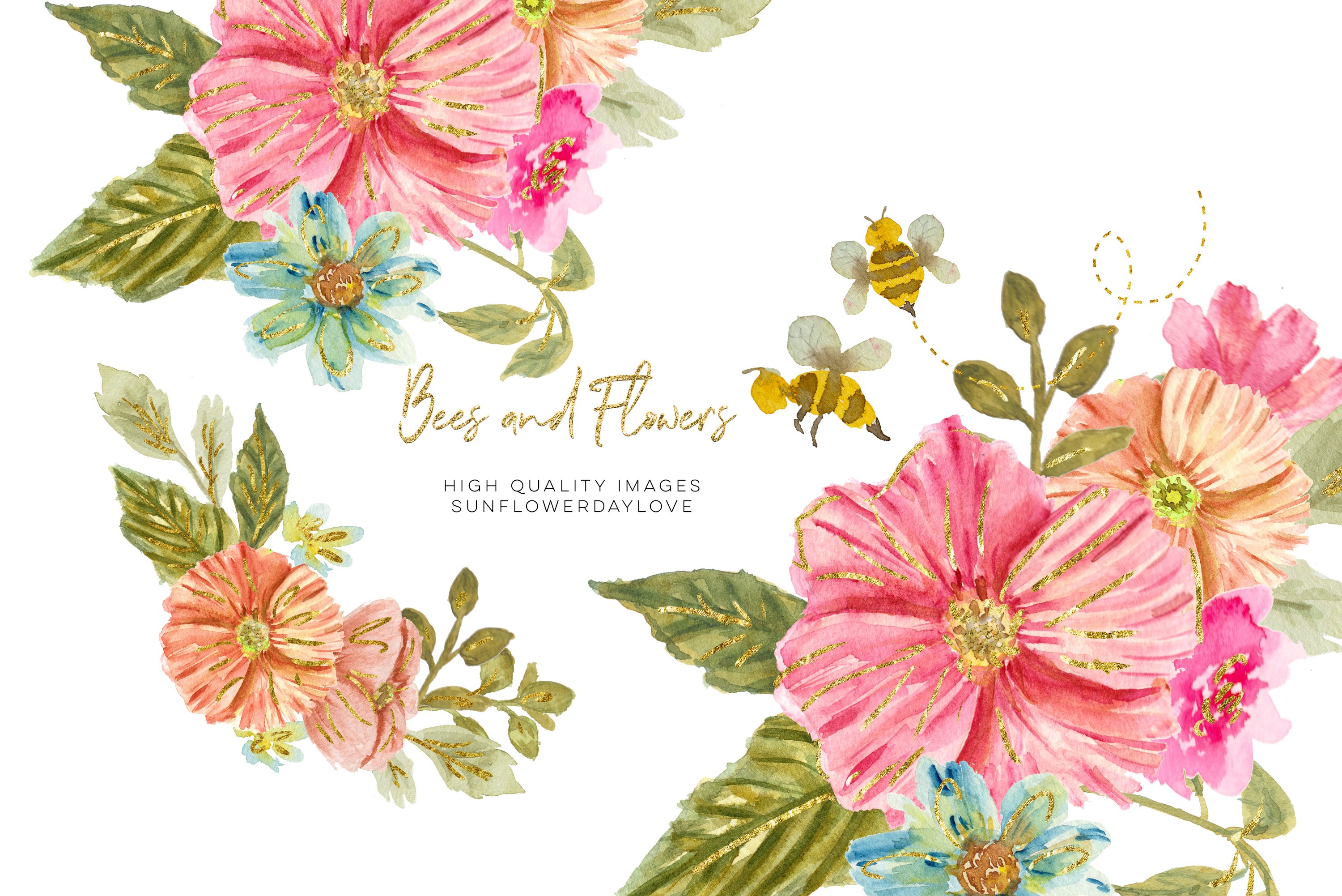 Bee Pink Peach Flowers Watercolor Clipart Hand Painted Illustrations Design Bundles
