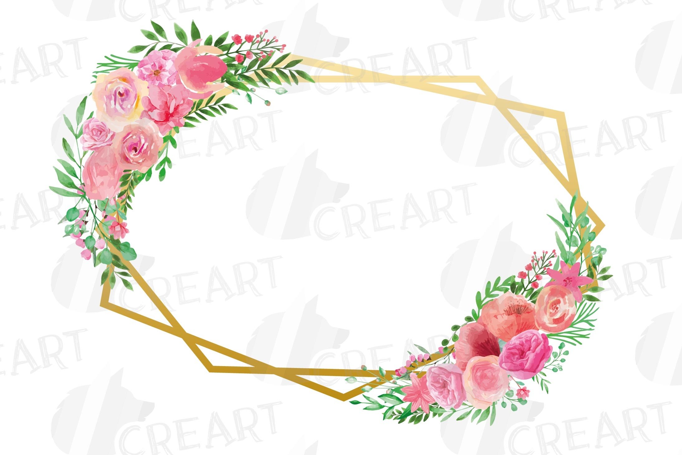 Watercolor pink floral geometric wedding frame illustration (235808