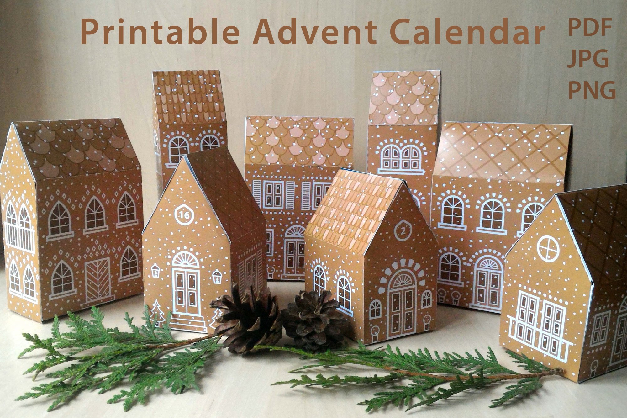 Printable Advent calendar Christmas Gingerbread paper houses