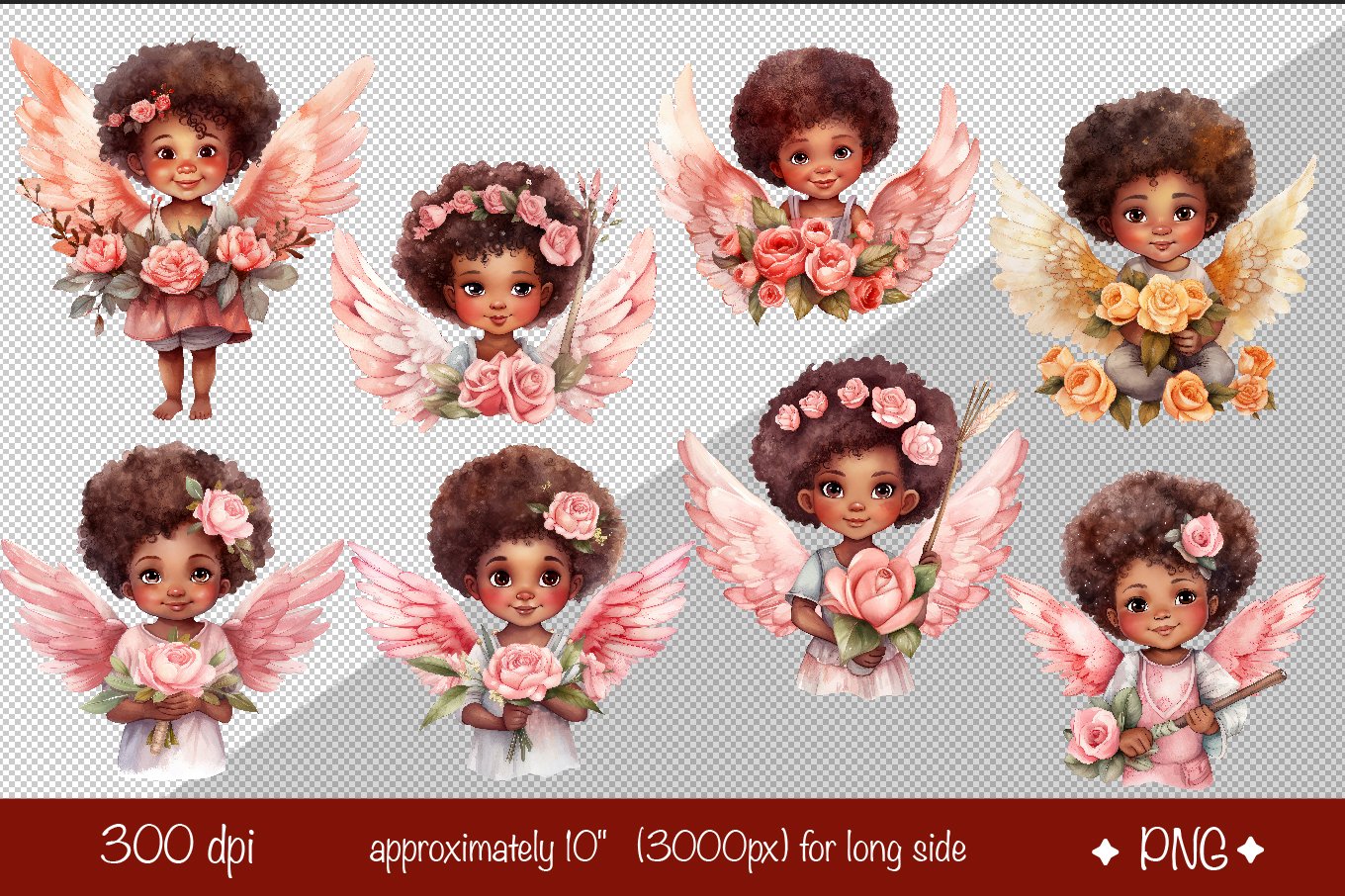 African American angel Clipart Baby Angel Bundle watercolor, image size:1360x906