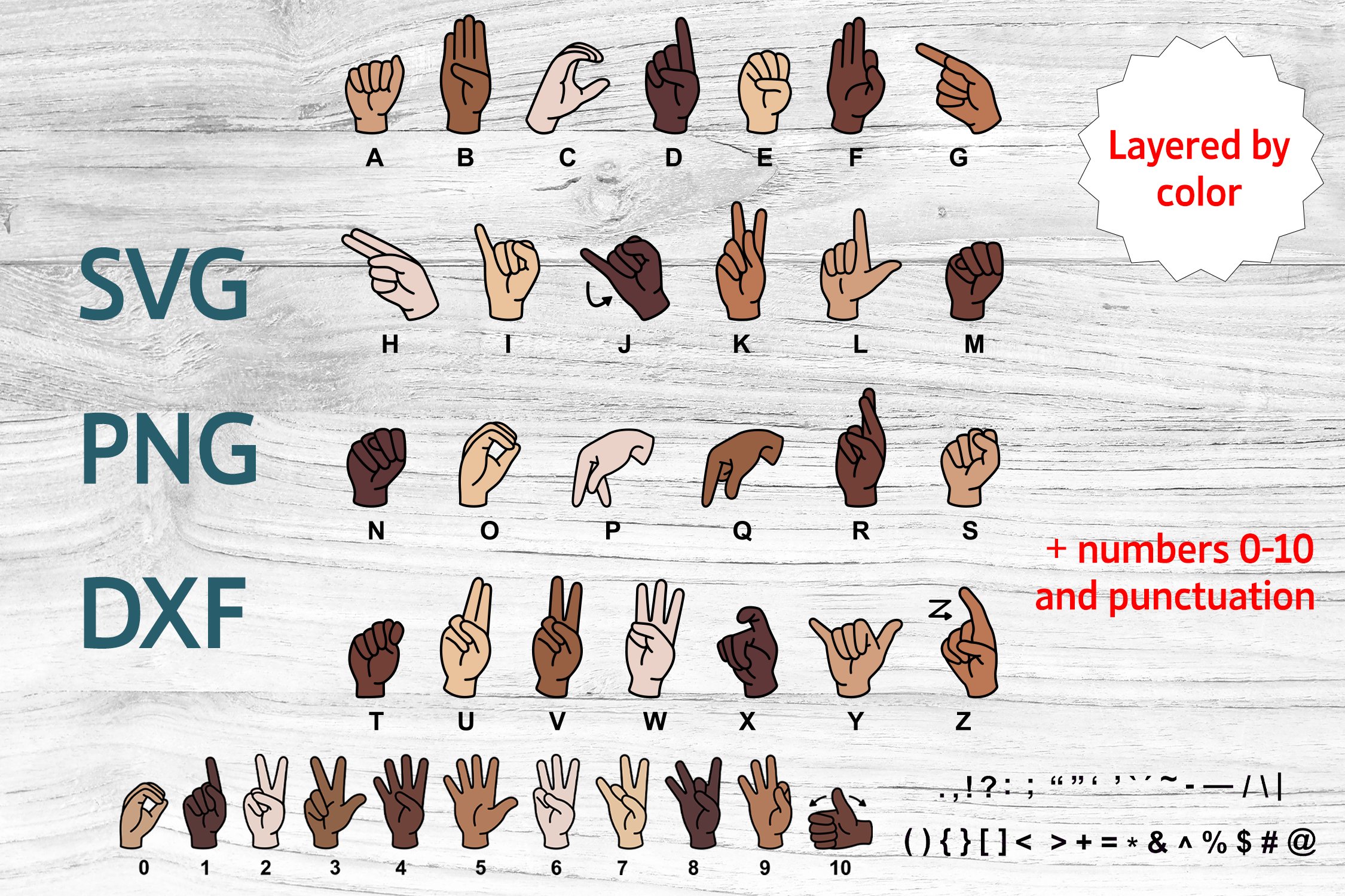 Diverse ASL American Sign Language Alphabet Layered by Color