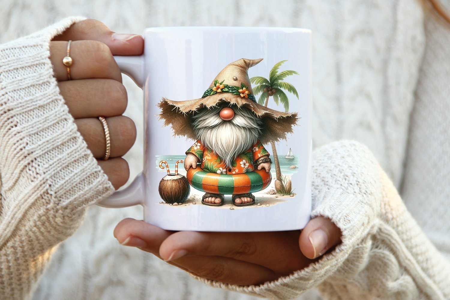 Summer beach gnome with drink, inner tube, and floppy hat