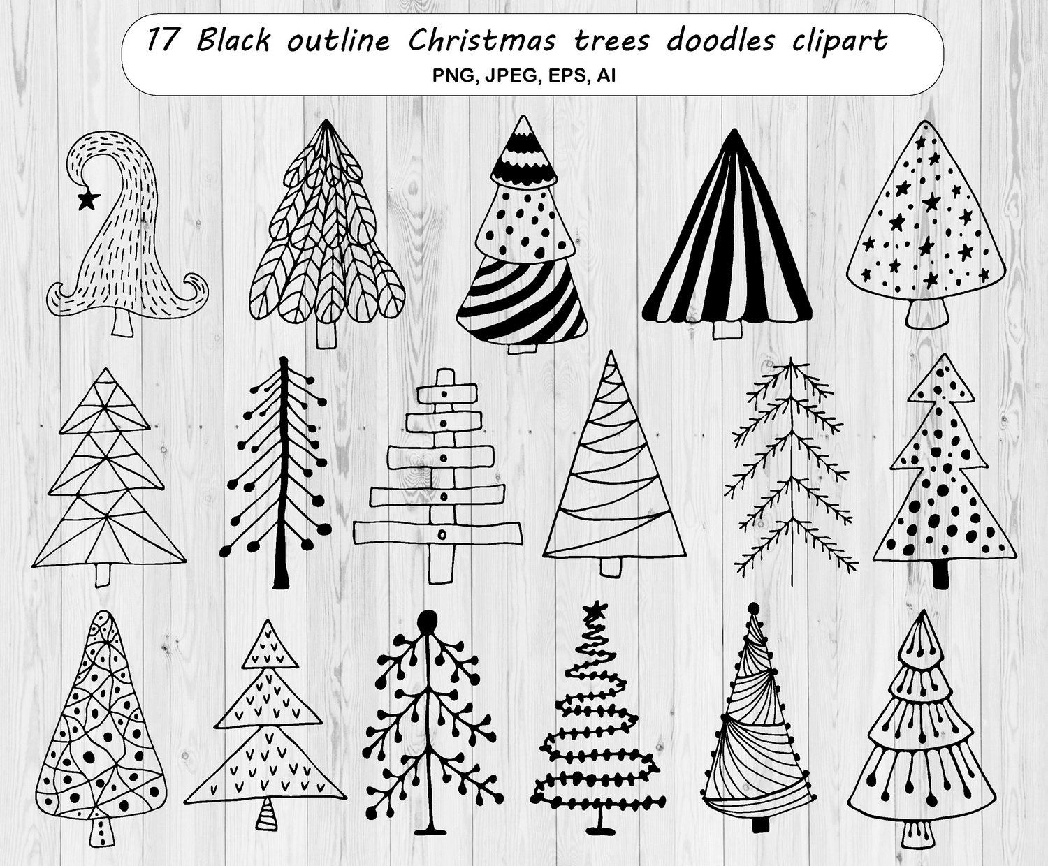 Black And White Christmas Tree Doodles Clipart - (890557), image size:1500x1240