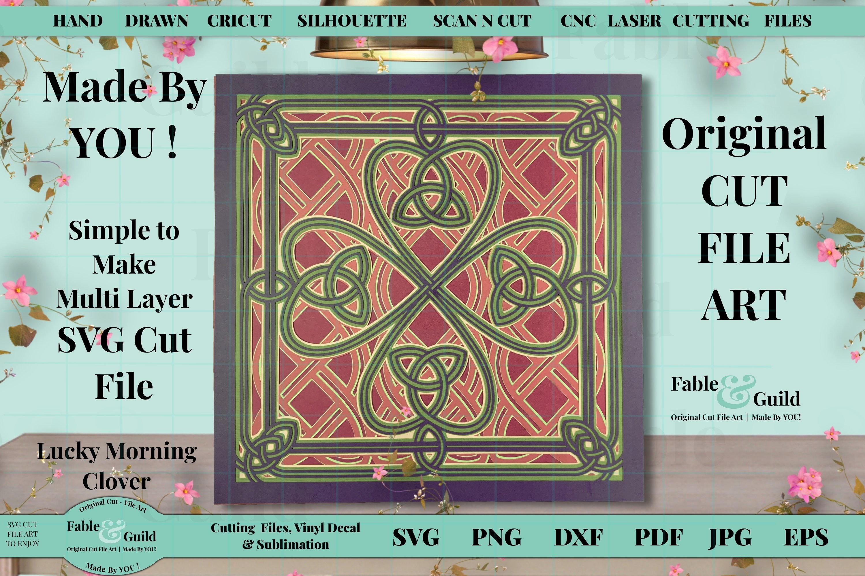 Silhouette ScanNCut 3D Layer Cricut SVG Celtic Knot Lucky Shamrock Four Leaf Clover SVG Cricut Cut File St Patricks Day ART Mandala Design