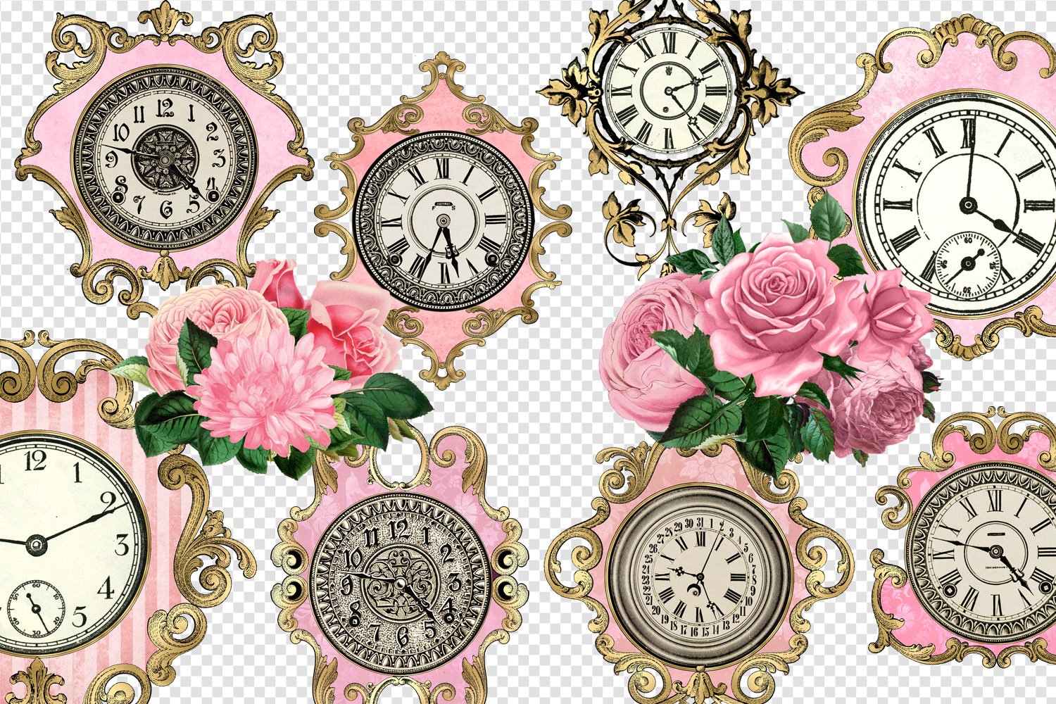 Pink and Gold Clocks Clipart (585940) Patterns Design Bundles