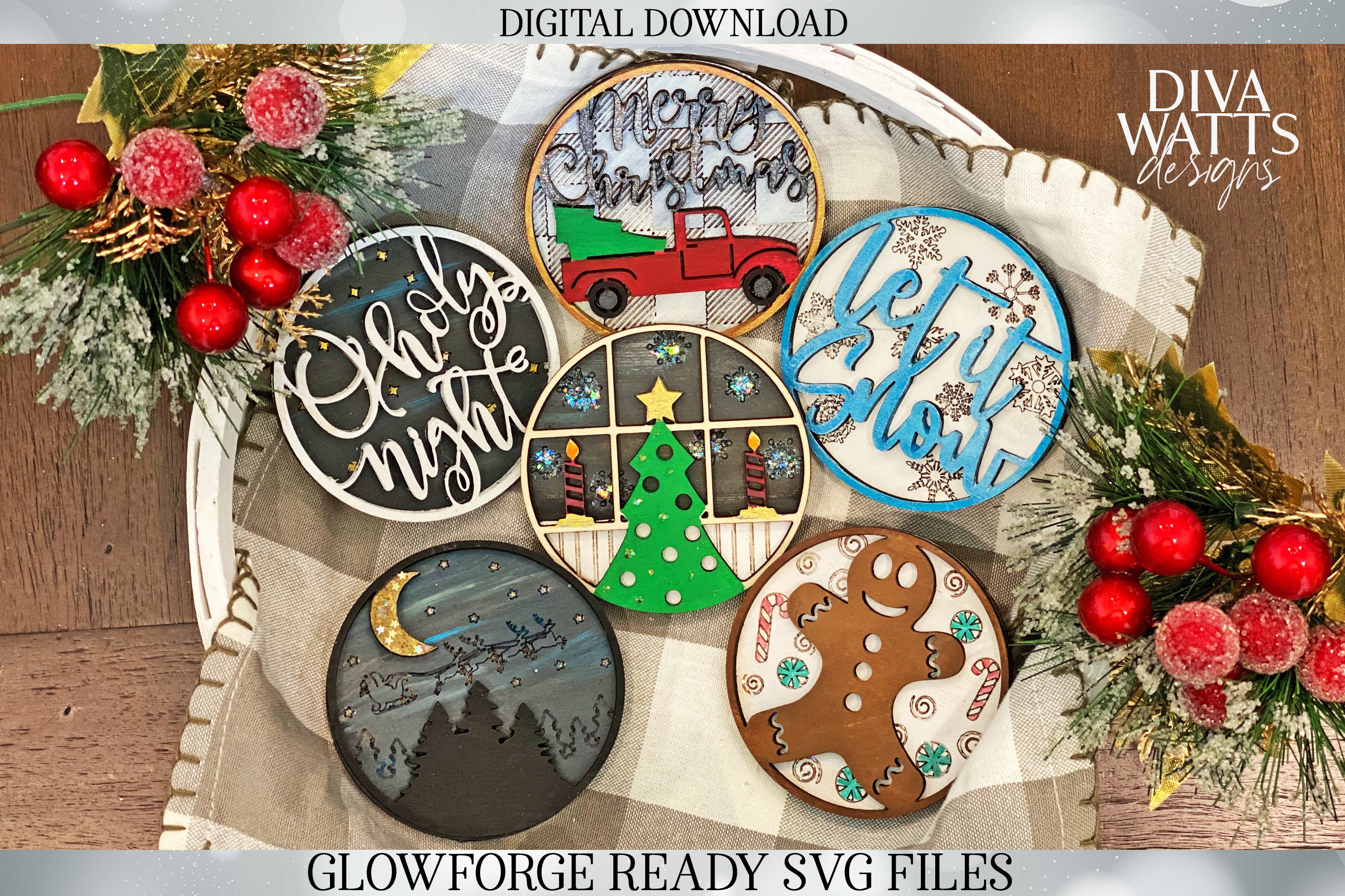 Layered Santa Baking Tree Xmas Sleigh Laser Cutter Artwork Vector File Gingerbread Christmas Ornaments SVG Laser cut files for Glowforge