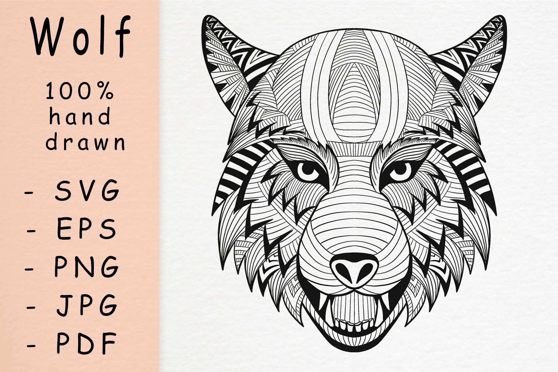 Hand drawn wolf head with patterns