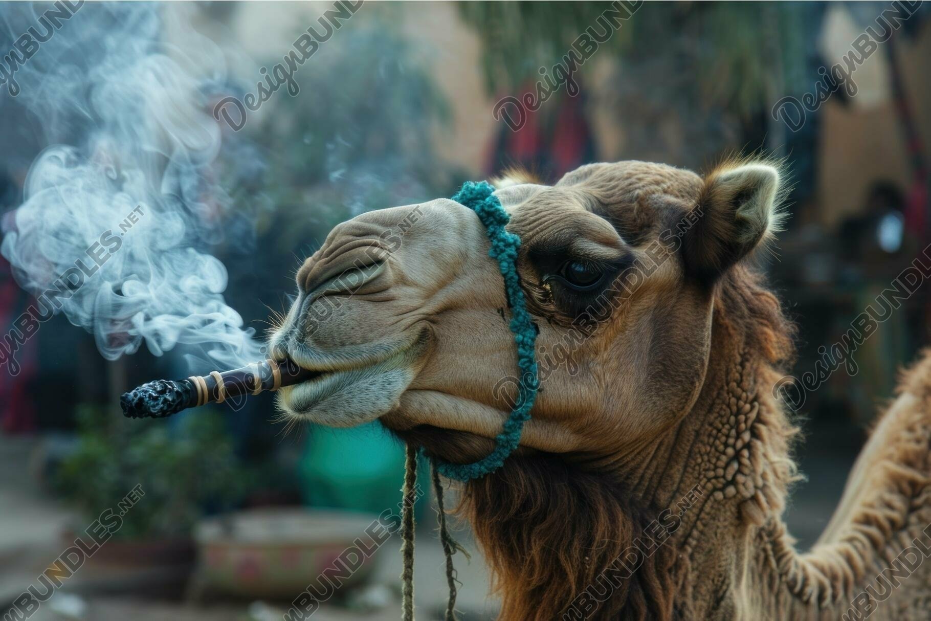 Dromedary camel smoking a cigar in the middle east