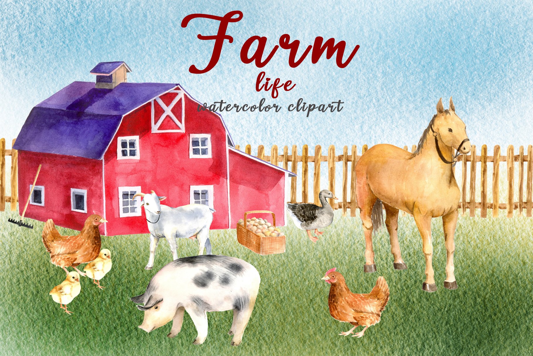Watercolor clipart FARM life (1033382), image size:1820x1214