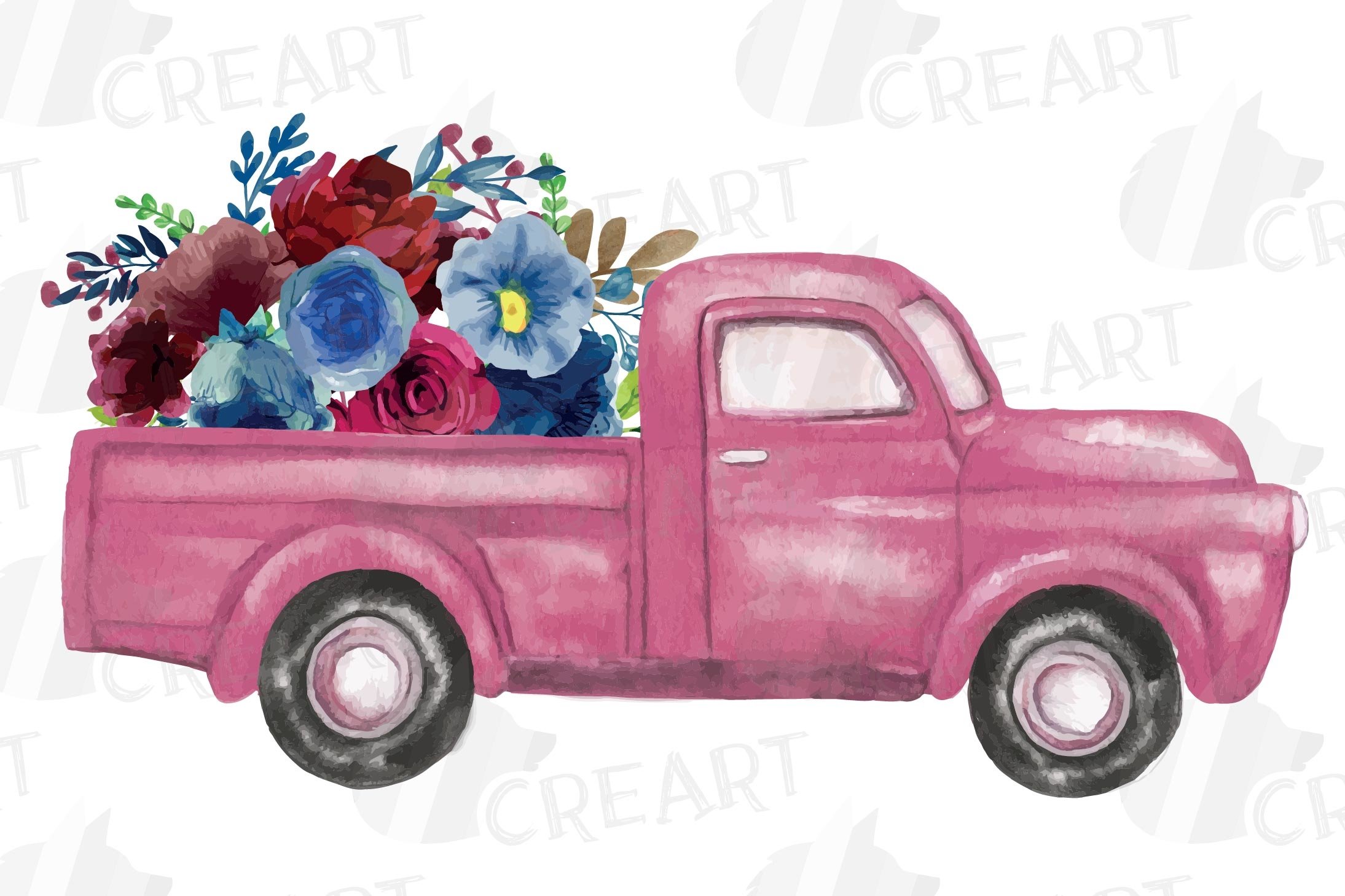 Watercolour printable floral pickup trucks decoration png (377320