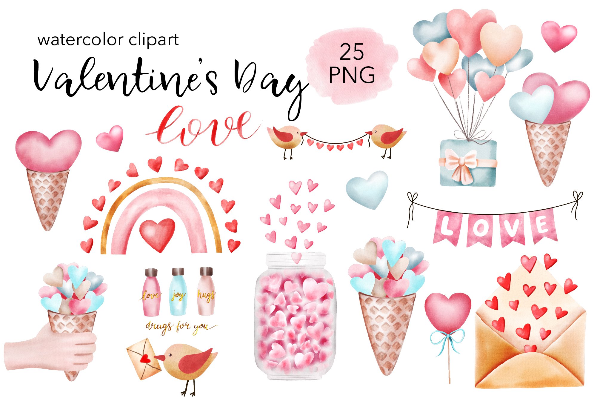 valentines day watercolor clipart png files