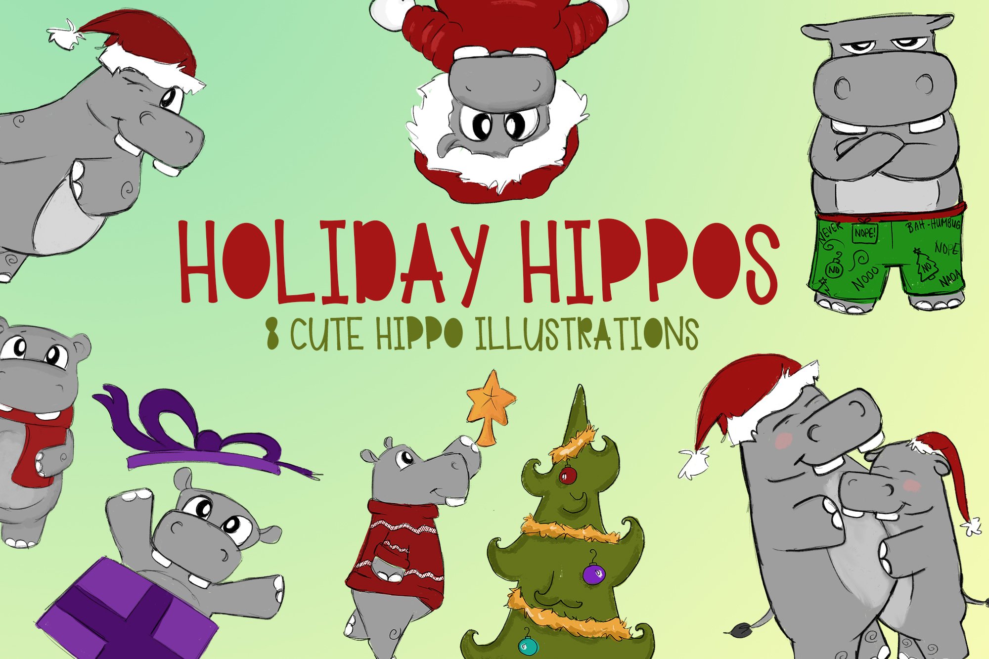 Holiday HipposHippo Christmas IllustrationsPNG files Christmas Hippos