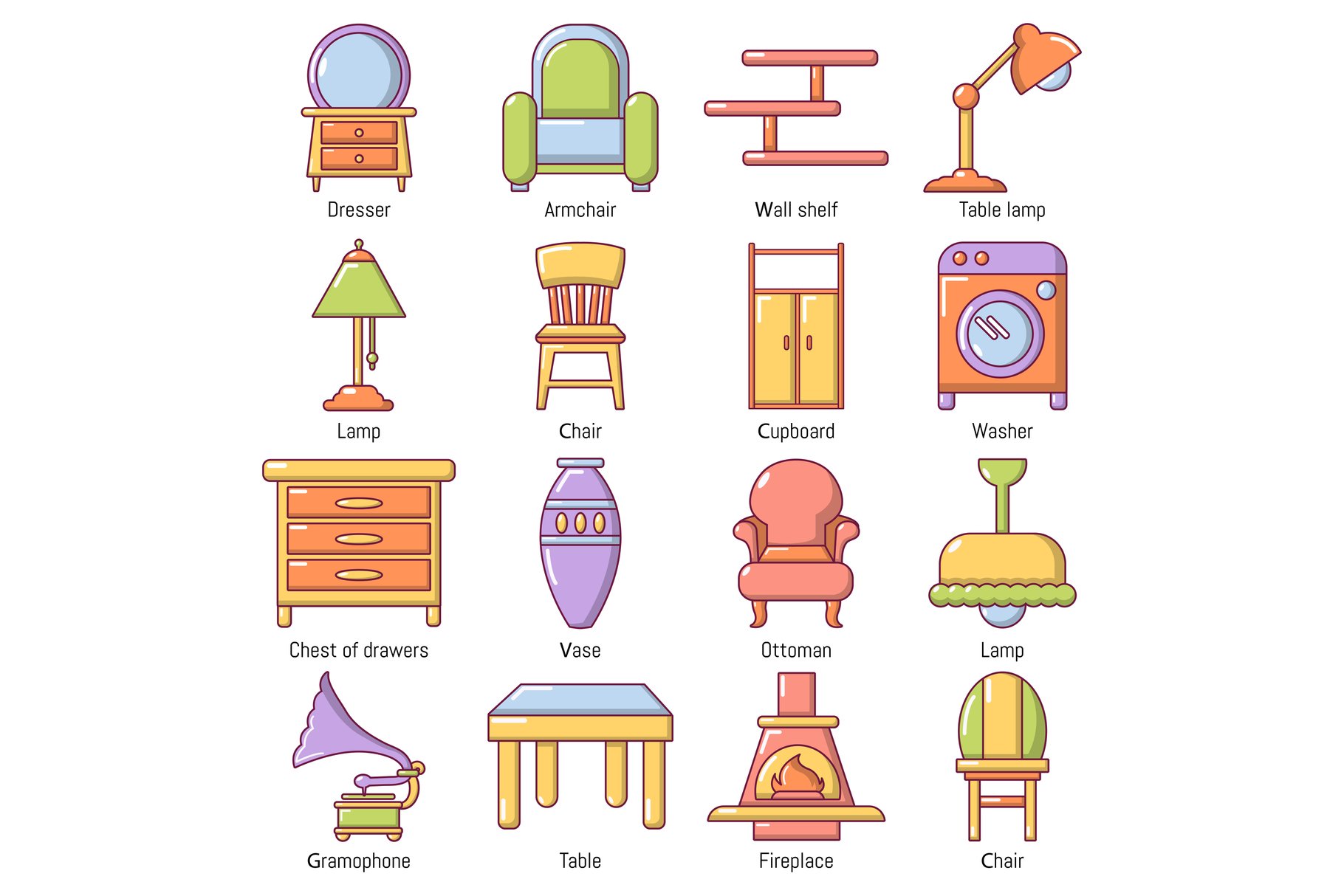 Interior furniture icons set, cartoon style (359097) Illustrations