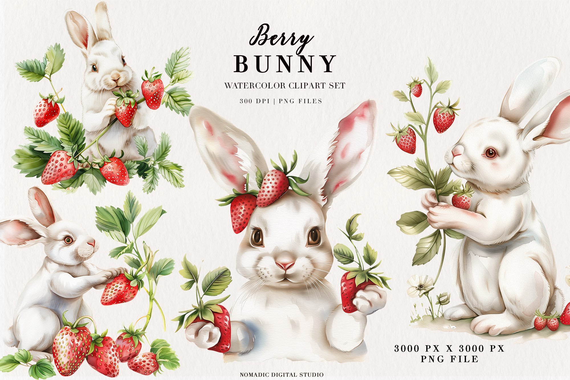 Watercolor Strawberry Bunny Clipart,Cute Rabbit illustration