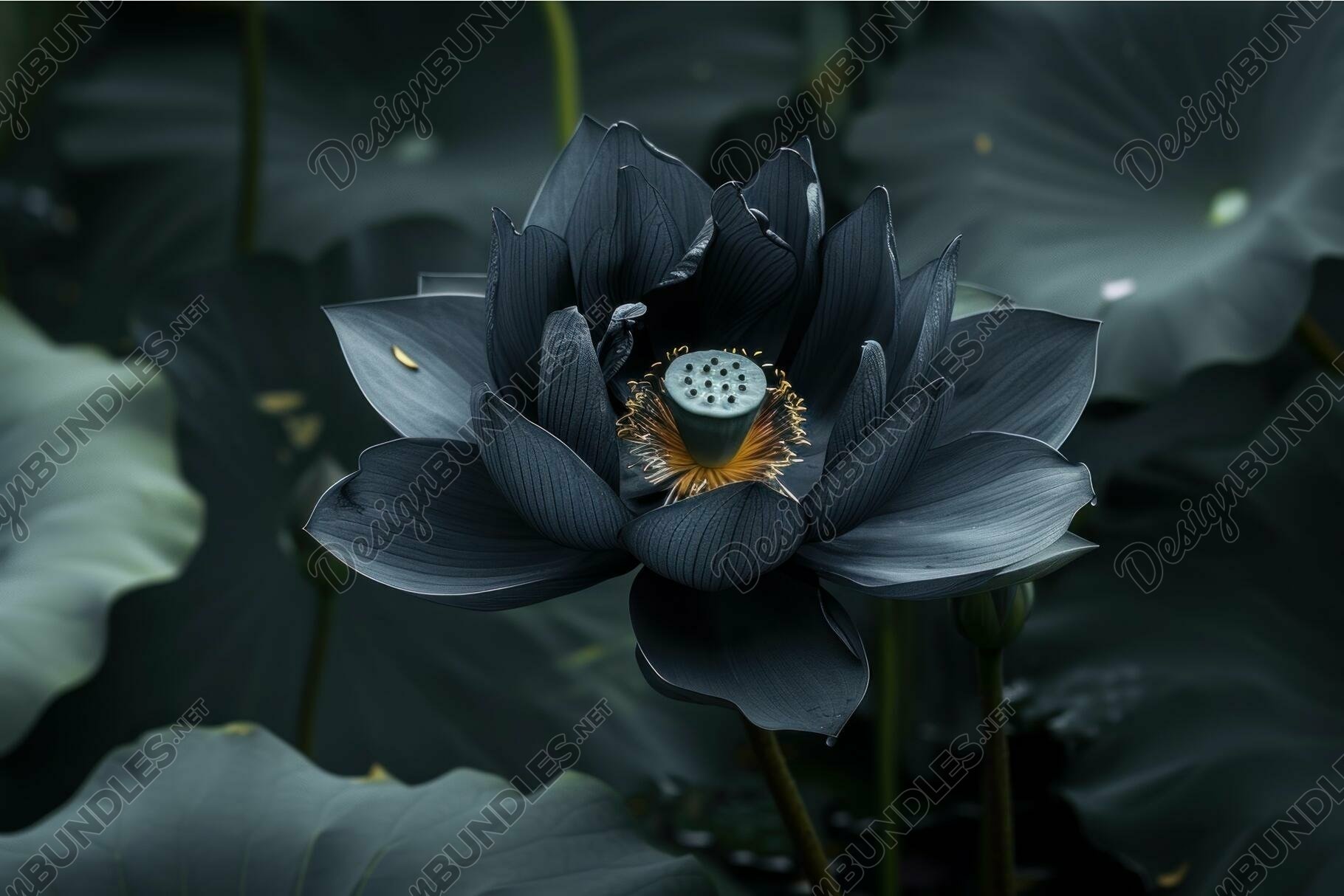 Rare Black lotus flower in dark banner. Generate Ai