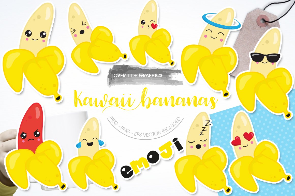 Cute Banana emojis Graphics and illustrations, vecto