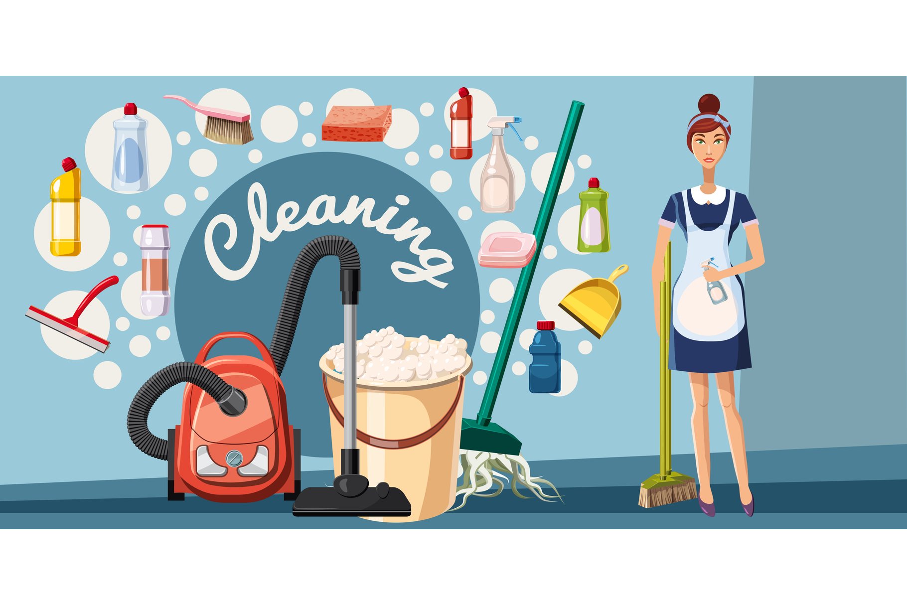 Cleaning tools banner horizontal, cartoon style (310053