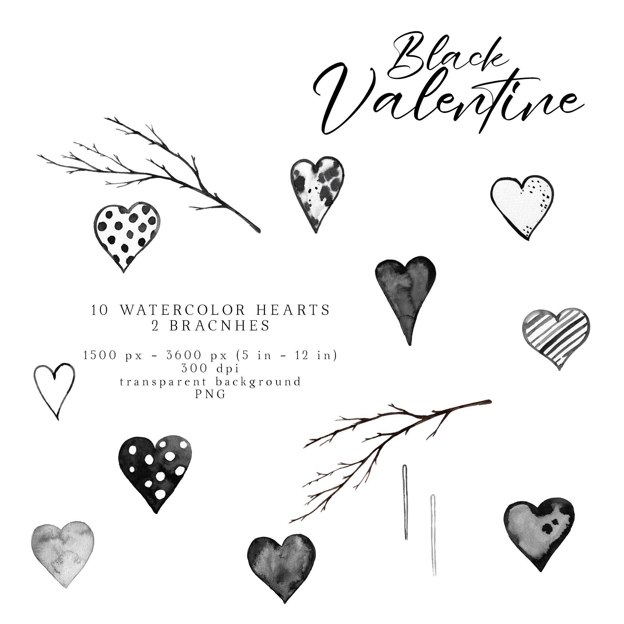 Valentines Clipart Black \u0026 White Elegant Hearts PNG, image size:2000x2000