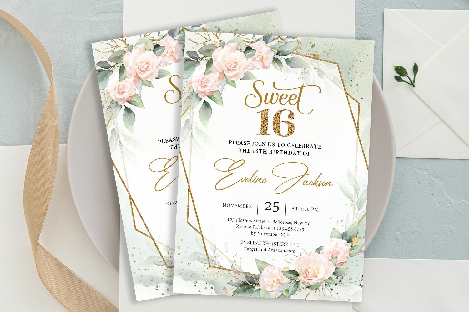 Boho pink roses greenery sweet sixteen invitation PSD #054, image size:1500x1000
