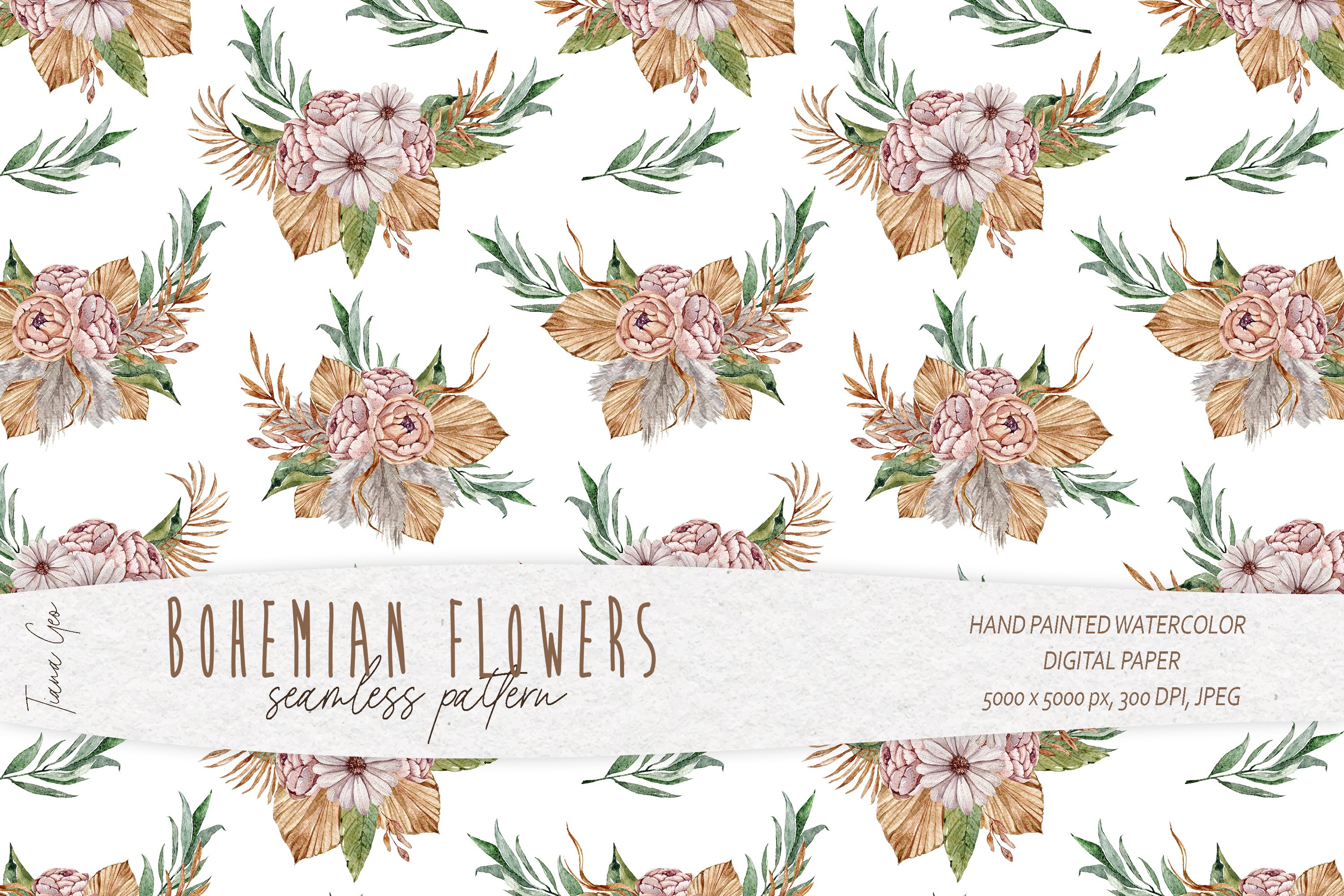 Papercraft Clip Art & Image Files spring seamless boho floral digital ...