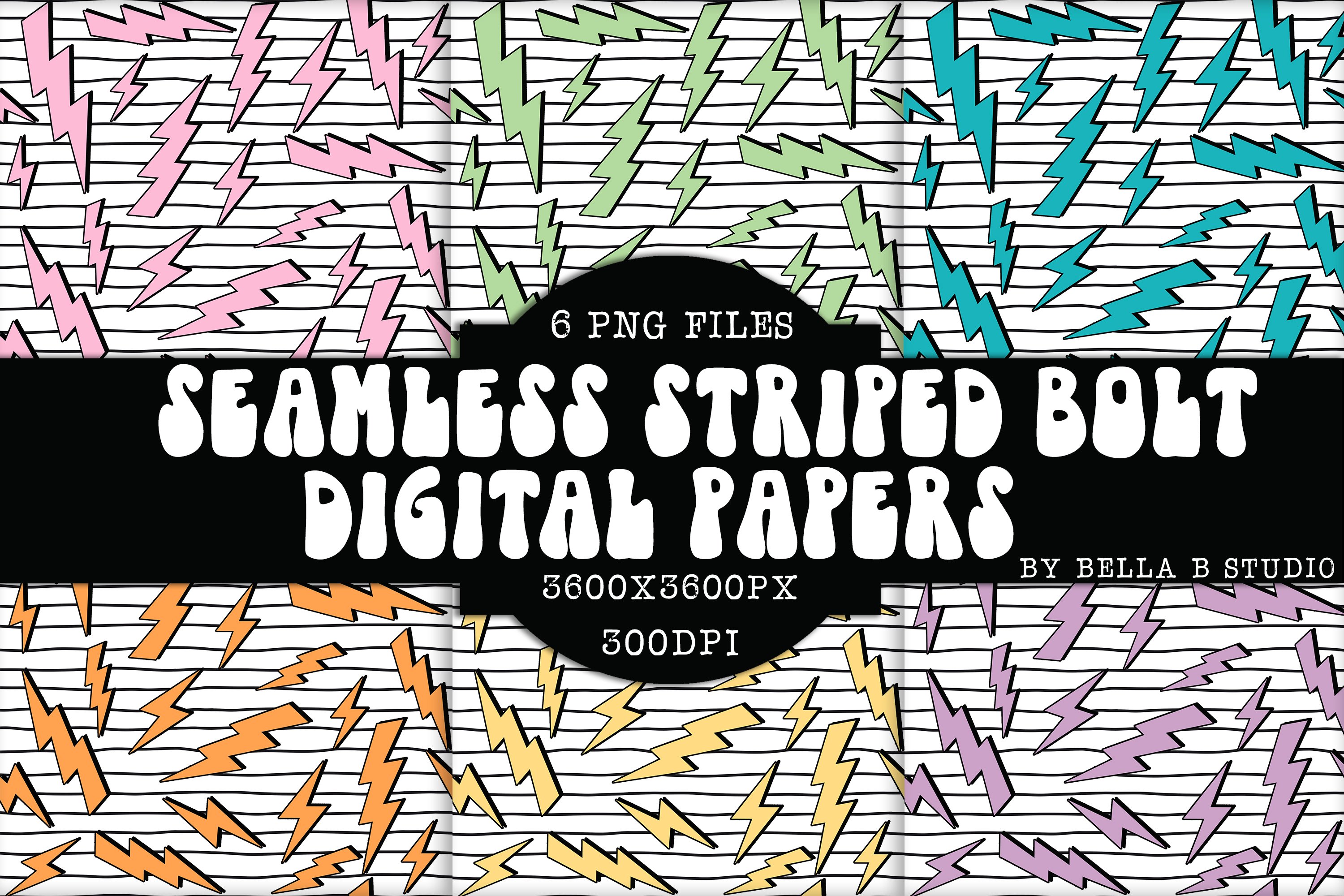 Seamless Striped Lightning Bolt Digital Papers, Retro